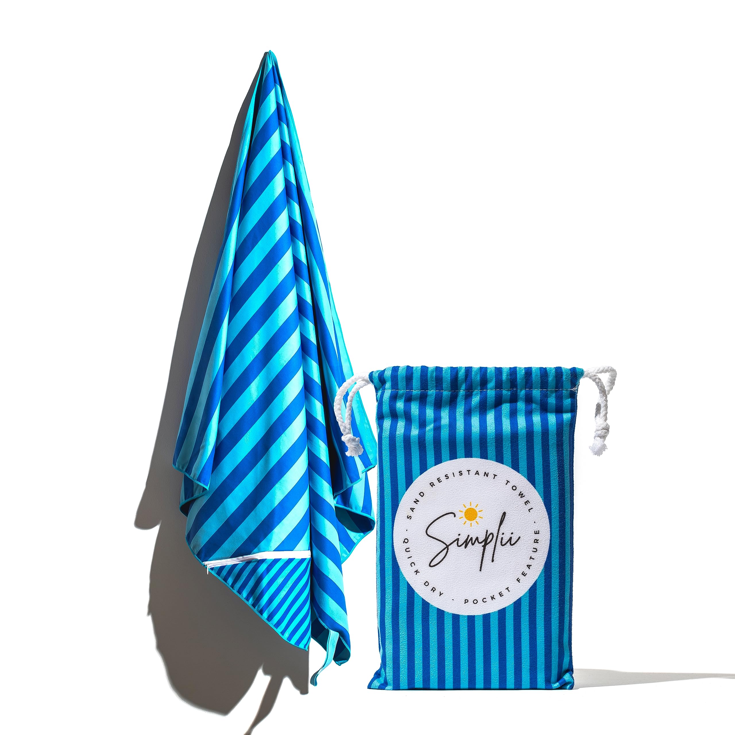 Simplii Sand Resistant Beach Towel - Zipper Pocket Feature, Compact, Lightweight, and Quick Drying Beach Towel