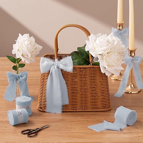 Miniatura 6 de DORIS HOME Cinta de gasa azul bebé para ramo de flores, cinta de tela de 2 pulgadas x 21 yardas para envolver regalos, cinta deshilachada hecha a