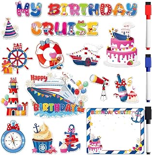 16 Pcs Cruise Door Decorations Magnetic, Colorful Birthday Cruise Door Magnets with Cute Nautical Cake Designs, Happy Birthday Magnetic Ship Cabin Signs for Stateroom Decor, with 3 Pcs Pens