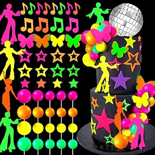 45 PCS Let’s Glow Theme Cake Toppers Glow in The Dark Cake Decorations for Neon Disco Birthday Engagement Wedding Party Decorations Supplies