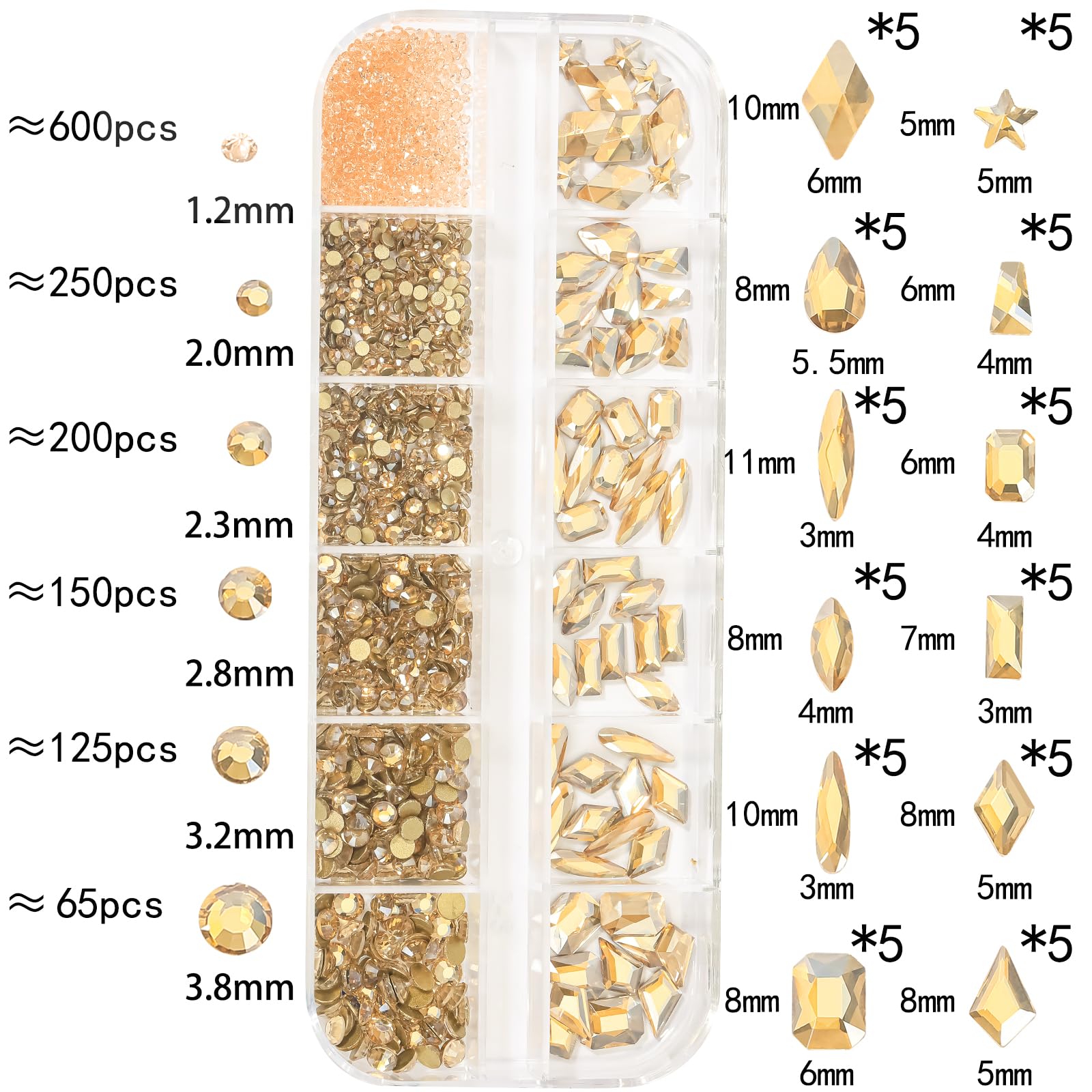 HNUIX Champagne Gold Nail Rhinestones Kit Flatback Nail Charms Glass Gems Stones 1450Pcs Nail Art Gems Diamonds Jewels Multi Shapes Sizes Nail Charms Tweezer & Wax Pen for Nails DIY Faces Eyes Makeup