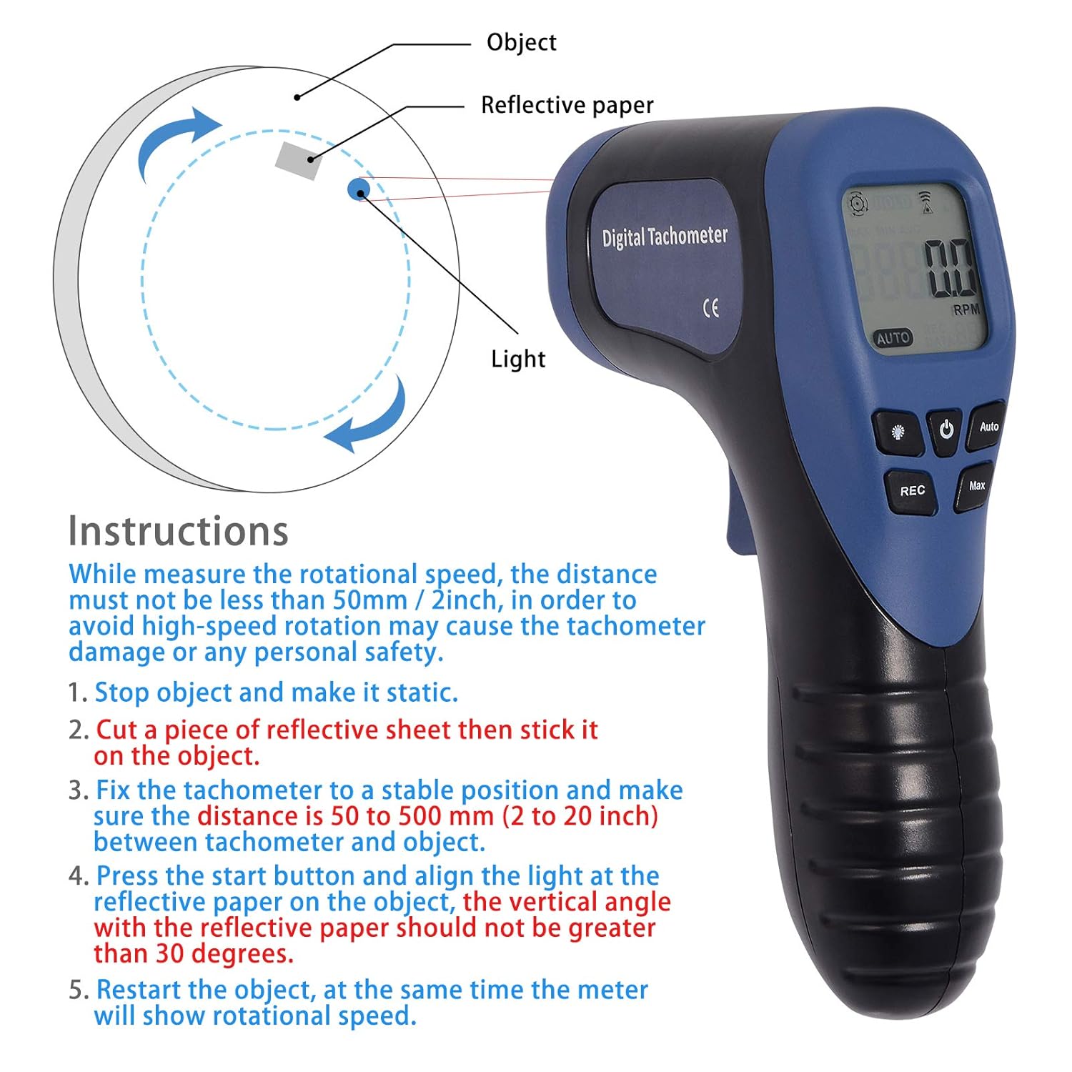 EHDIS Digital LCD Photo Tachometer Non-Contact RPM Meter Motor Speed Gauge Gun Style Includes 10 Reflective Tapes