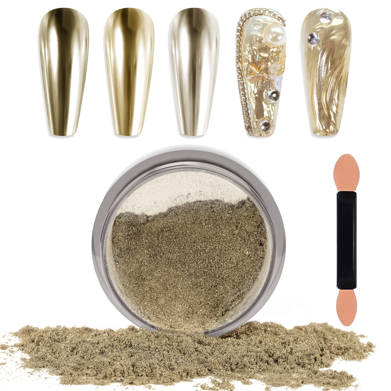 Laza Chrome Nail Powder, Metallic Mirror Effect Pigment, Silver Gold
