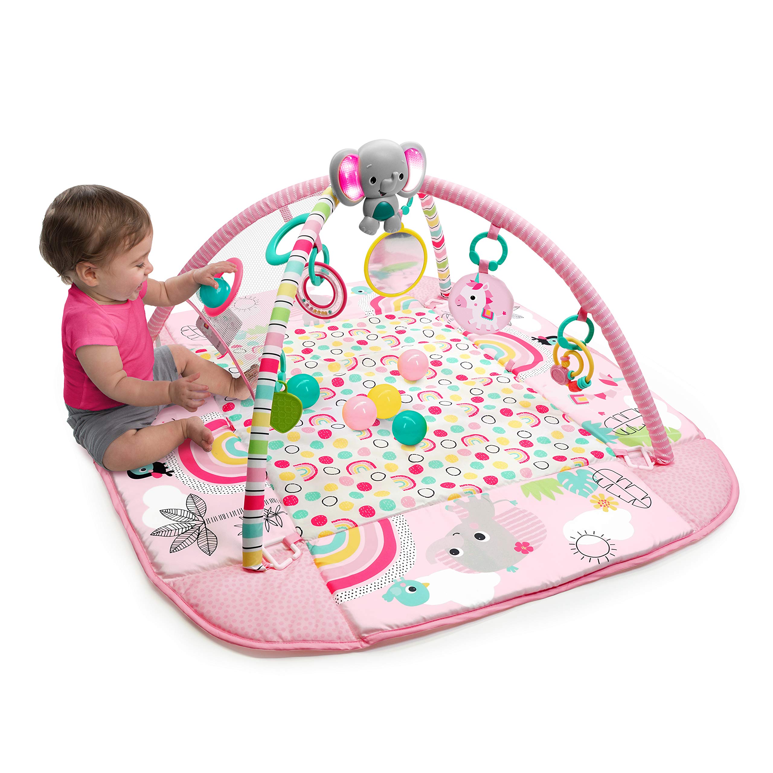 Bright Starts Gimnasio de actividades evolutivo 5-en-1 rainbow tropics, 7 juguetes, almohadilla para bebés, desarrollo de las habilidades motoras, Rosa Claro, 43 Unidad (Paquete de 1)