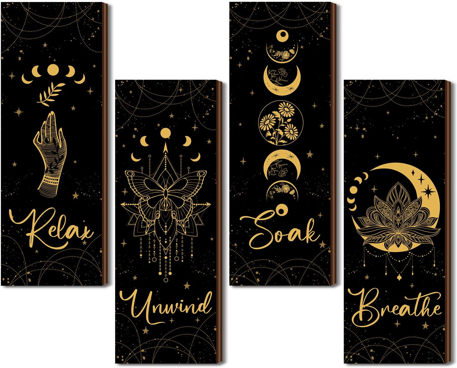 4 Pcs Rustic Boho Wall Decor Moon Phases Wall Art Witchy Room Decor Relax Soak Unwind Breathe Moon Phase Wall Hanging Gothic Minimalist Wall Pediments Farmhouse Moon Wall Sign for Bathroom Decoration
