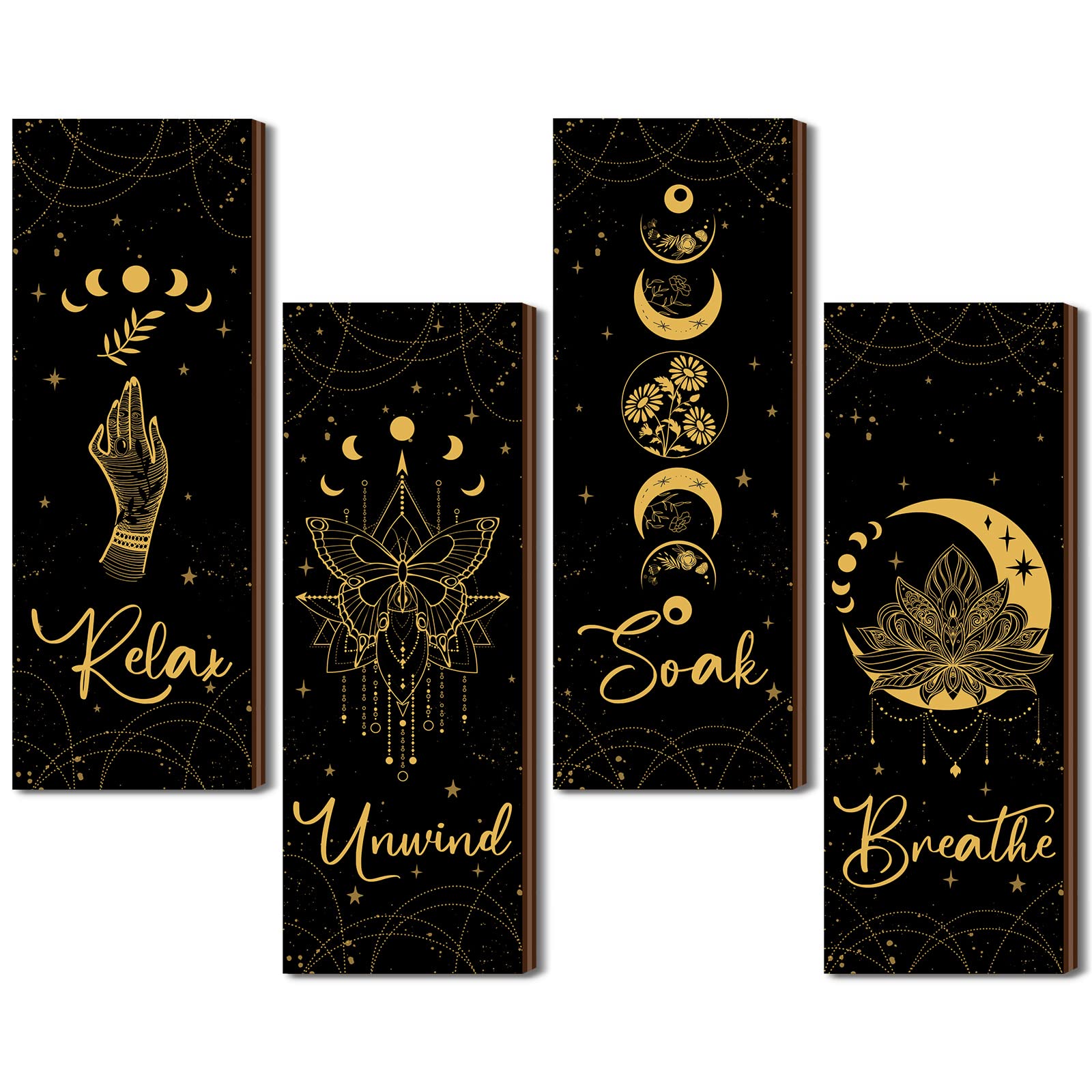 4 Pcs Rustic Boho Wall Decor Moon Phases Wall Art Witchy Room Decor Relax Soak Unwind Breathe Moon Phase Wall Hanging Gothic Minimalist Wall Pediments Farmhouse Moon Wall Sign for Bathroom Decoration