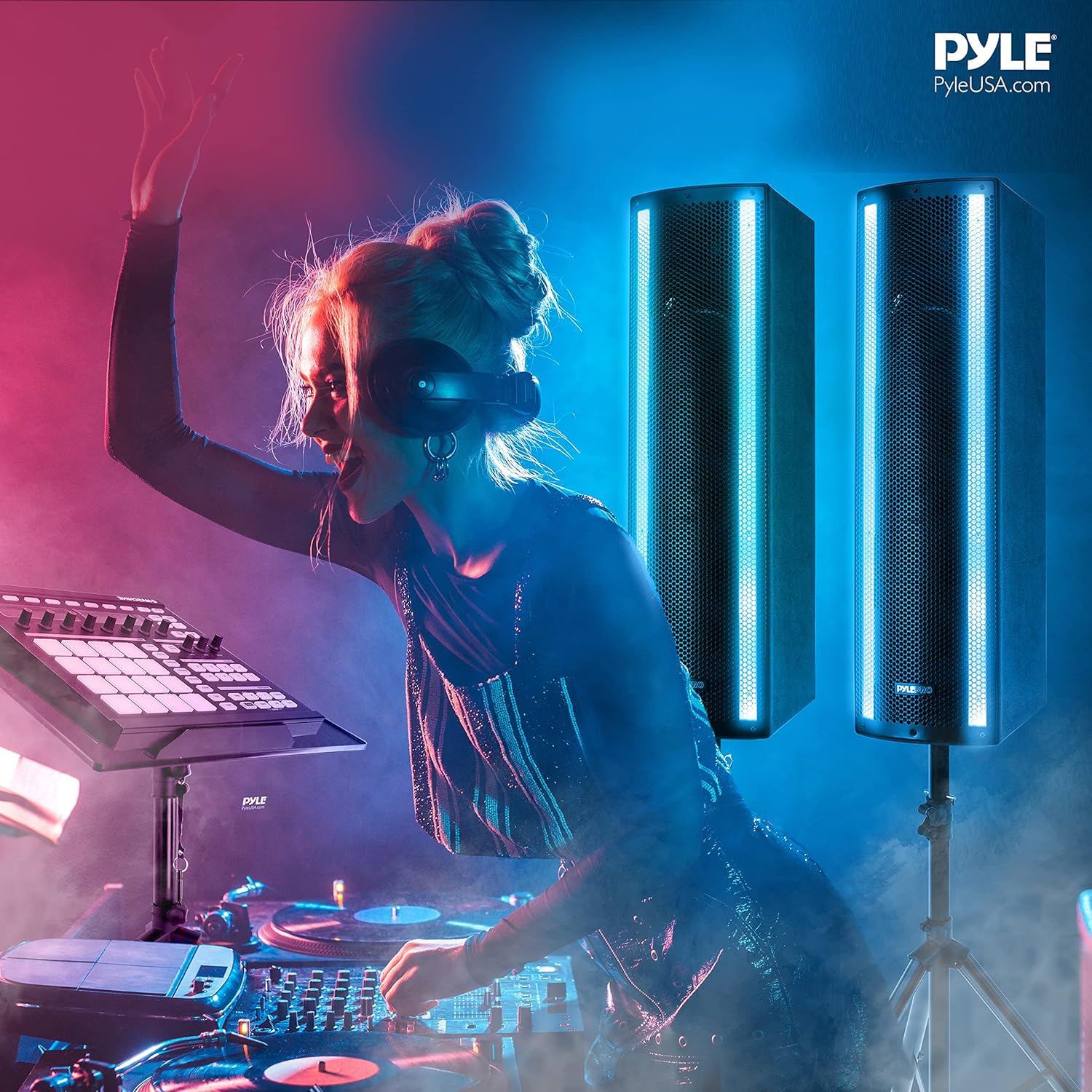 Pyle Système de Haut-Parleur Portable Bluetooth PA 3 Voies Actif & Passif pour l'extérieur Système PA Portable avec entrée Microphone, lumières de fête, trépied Radio FM, télécommande, Noir