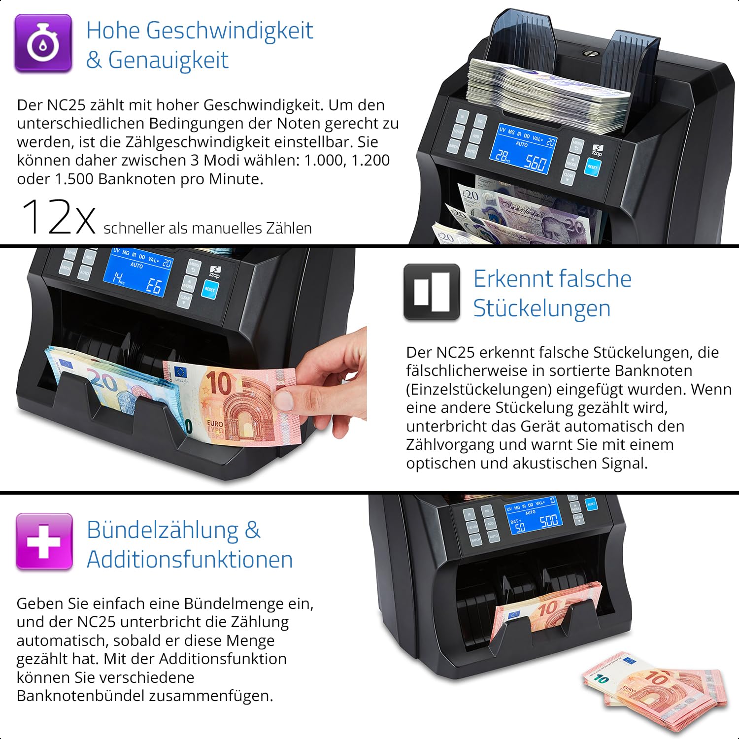 ZZap NC25 Banknotenzähler und Falschgeld-Detektor - Geldzählmaschine Banknotenzählmaschine Geldzähler