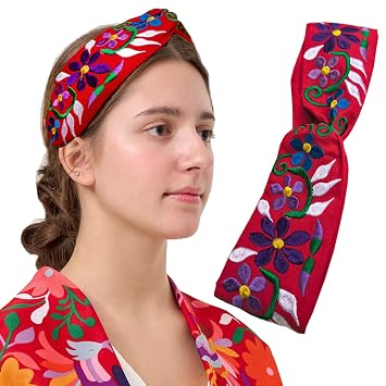 FANFAN Boho Mexican Embroidered Headband - Floral Elastic Hair Band Women Girls Wedding Festival Daily Wear E9 Red, One Size