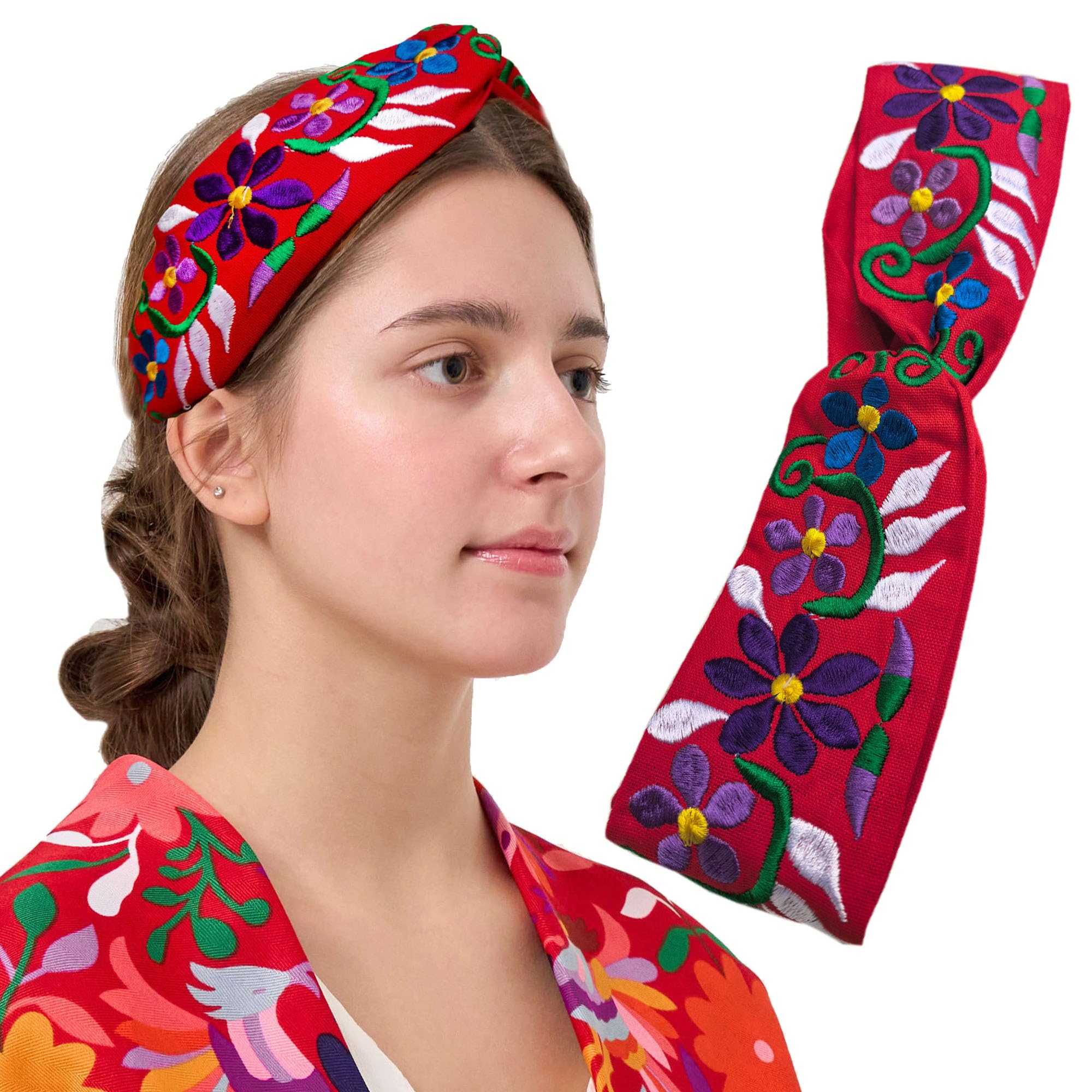 FANFAN Red Mexican Embroidered Headband with Flowers - Boho Floral Braided Elastic Hair Band for Women and Girls - Soft Stretchable Headwear for