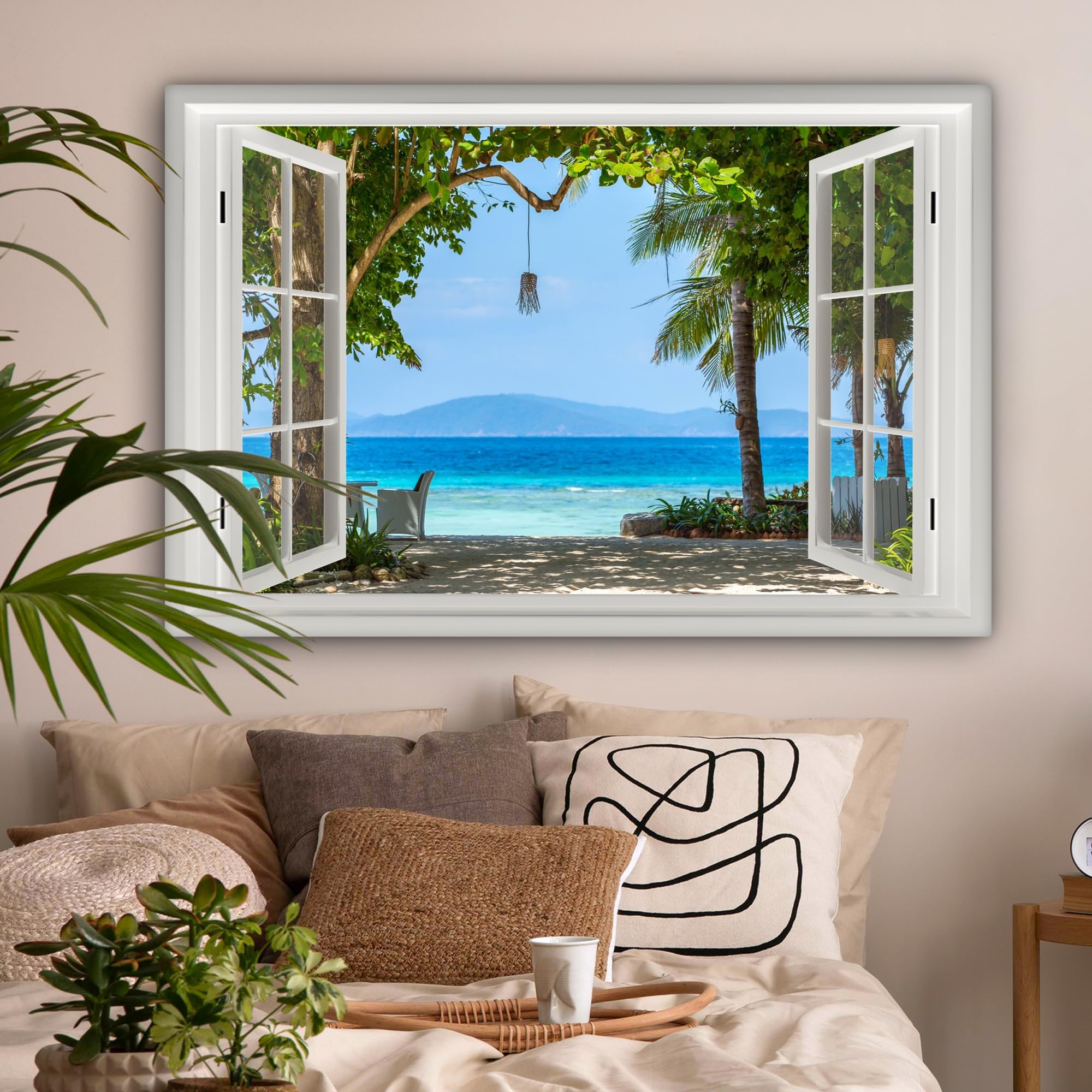 MuchoWow© Quadri su Tela 120x80 cm Foto Quadro Moderno Soggiorno Canvas Decorazioni Camera da Letto Vista dalla finestra - Albero - Mare - Palma - Colline - Spiaggia - Blu