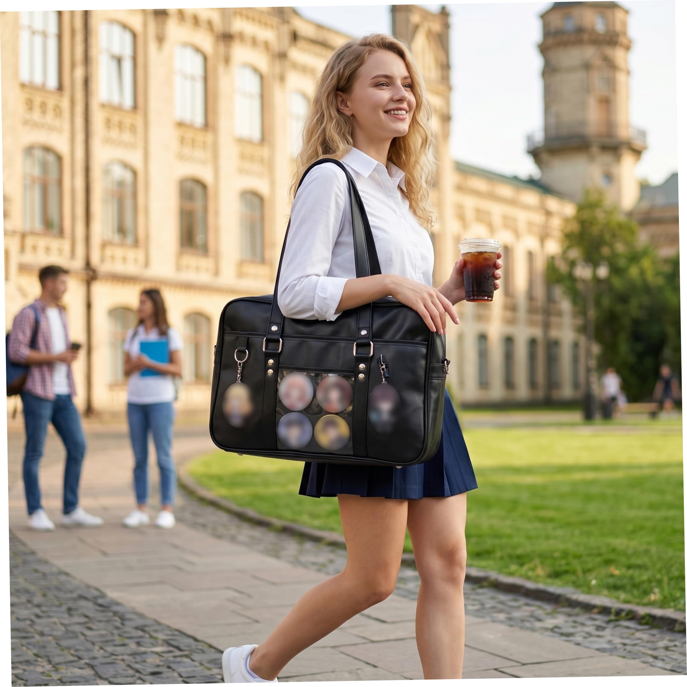 Itabag Bolso Escolar Japonés, Bolso Kawaii De Un Solo Hombro De Cuero De Pu con Bolsillo Transparente, Negro.