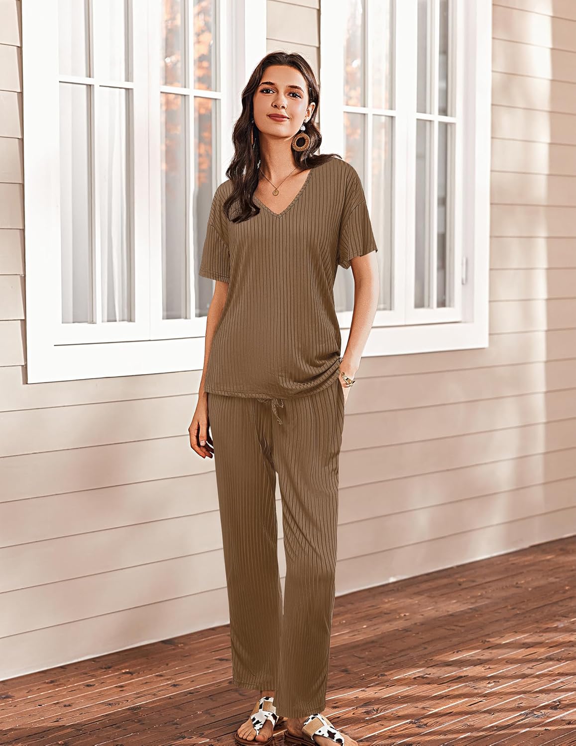 Ekouaer Women's 2 Piece Lounge Set Casual Summer Outfits Ribbed Short Sleeve & Wide Leg Pants Matching Set for Travel Home - Image 5