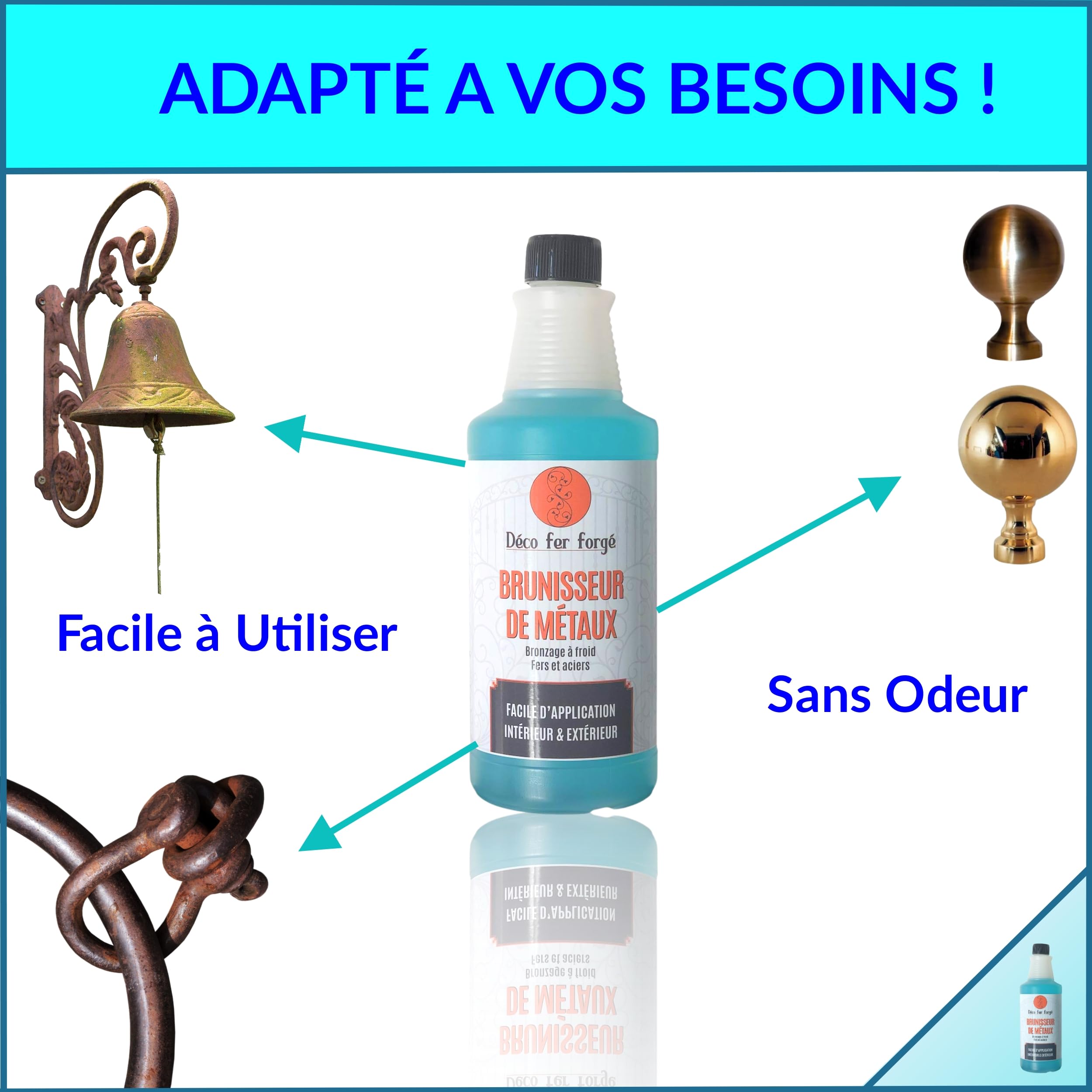 DECO FER FORGE : Brunisseur Métaux ultra efficace – Noir durable pour Fer Acier Laiton Bronze Cuivre – 25 cl de liquide concentré à froid –Made in France- Entretien Rapide Résultat Puissant et Net.