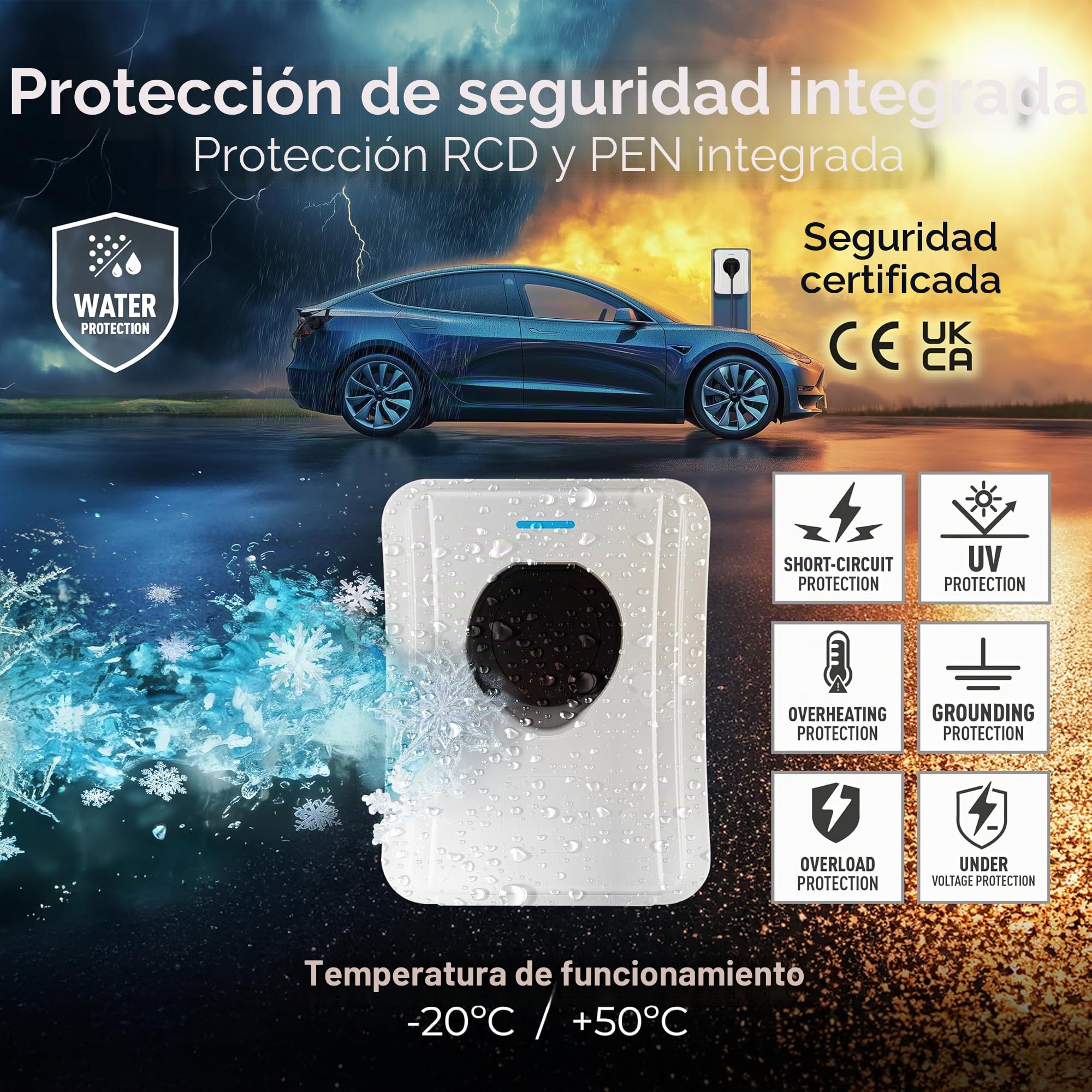 Masterplug Cargador de Pared Inteligente VE para Vehículos Eléctricos e Híbridos Tipo 2, con Toma, Modo 3, Bloqueo Automático, Carga Solar, Monofásico, Wi-Fi, Blanco, IP65, 7,4kW, 32A, EVCM3SS7W/EU