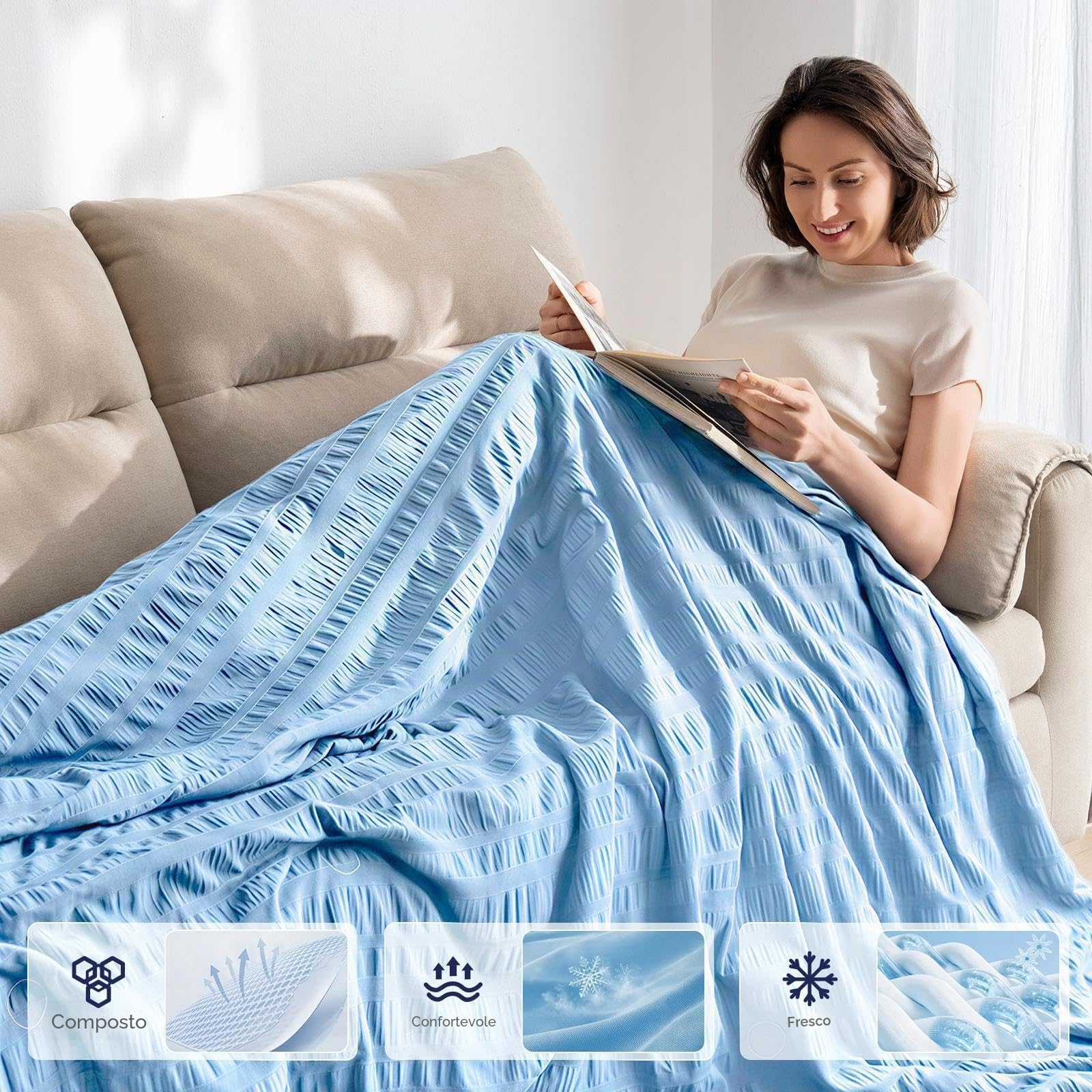 IKALIFE Coperta Refrigerante Letto - Coperta Rinfrescante per l'estate Copriletto Matrimoniale Estiva Q-Max>0,5 Cooling Blanket Fresca Fredda Coperte Rinfrescanti per Divano Blu 130x180 cm