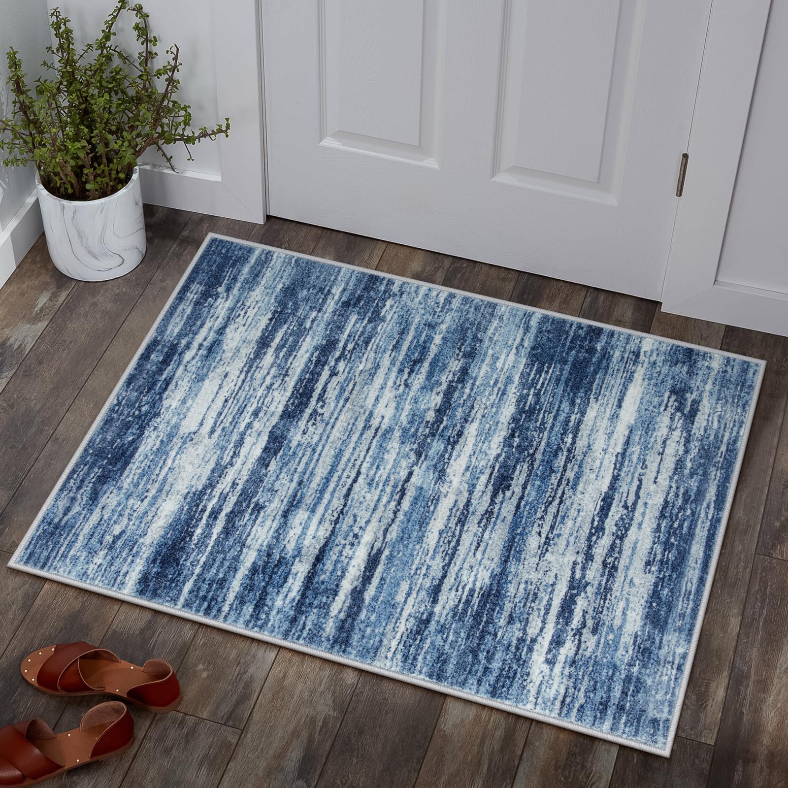 Lahome Modern Abstract Small Area Rug 2x3, Throw Rugs with Rubber Backing Washable Kitchen Rug Non Slip Rugs for Entryway Soft Bath Mat, Ombre Print Ultra-Thin Blue Rug for Bedroom Sink (Blu