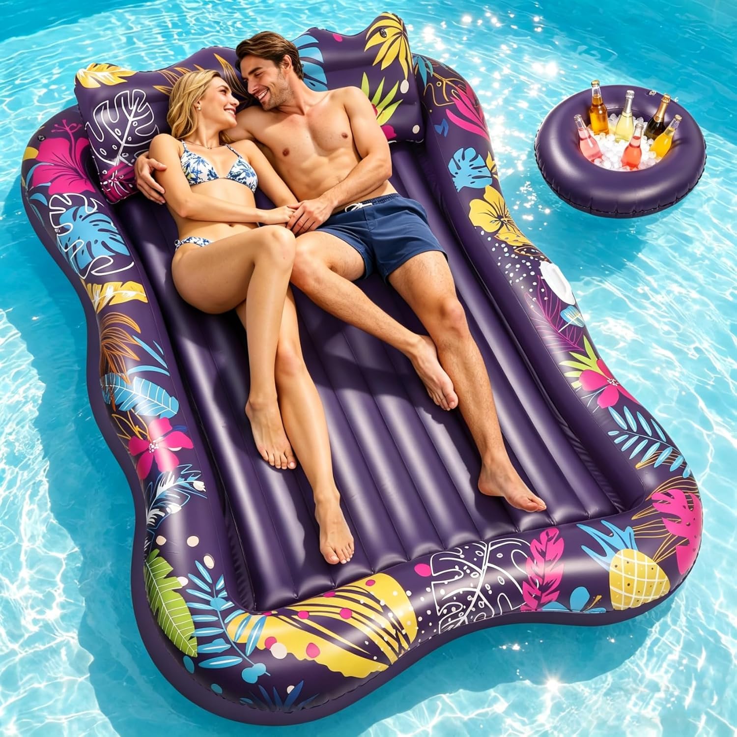 Korlon Tec Extra Large Pool Floats Adult, 81" x 60" Inflatable Tanning Pool Lounger Float with Pillow and Cup Holders, Sun Tanning Bed Pool Rafts Floaties for Adults Beach Lake River