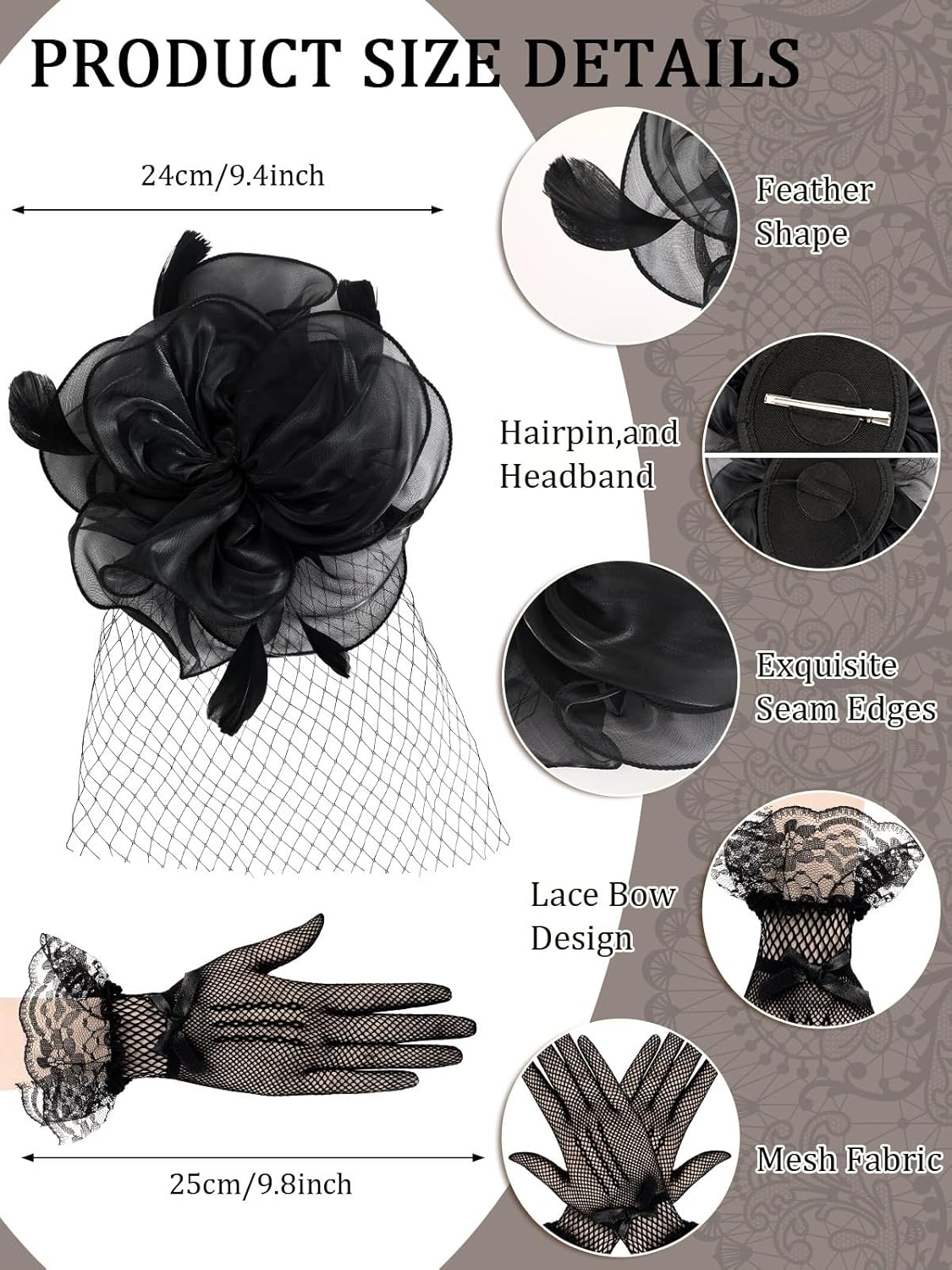 Tea Party Outfits for Women, Funeral Fascinators Veil Mesh Headband Feather Derby Hat Lace Gloves Pearl Jewelry Set - Image 2