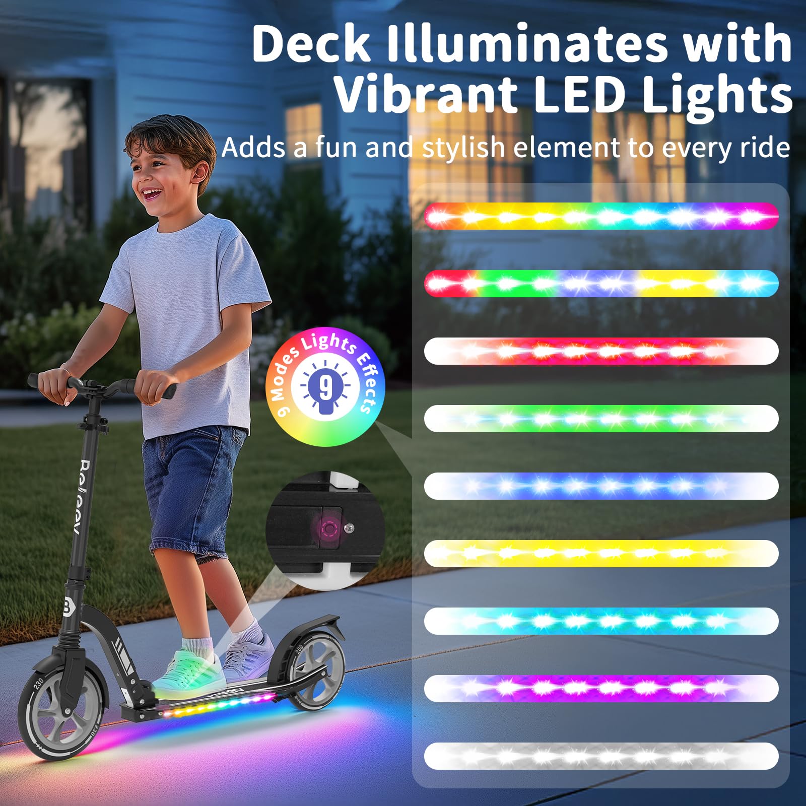 BELEEV Monopattini bambini 2 Ruote Pieghevole con LED Illuminate Deck, Ruote Grandi 230mm, 5 Altezza Regolabile, Cinghia di Trasporto Big Wheels City Scooter per 6+ Bambini e adulti fino 100 kg