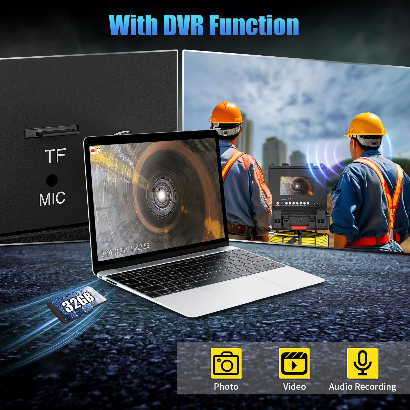Cámara Inspección Tuberias 20M, Cámara Endoscópica con DVR, Pantalla en IPS de 7" IP68 Impermeable Tubería Endoscopio Industrial con 12 Luces LED, Tarjeta SD 32GB