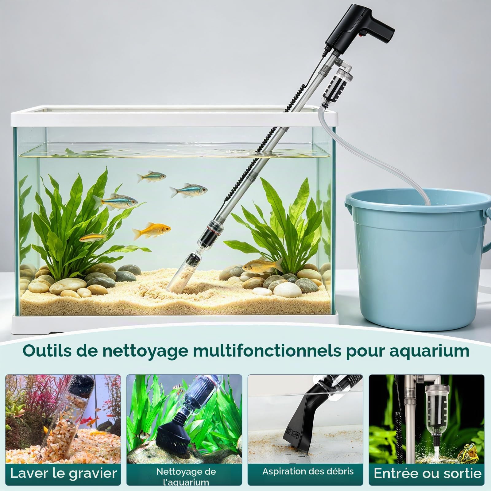 hygger Aspirateur Aquarium Nettoyage de Gravier, 15W Aspirateur de Gravier d'aquarium 2000L/H Electrique Aquarium Changeur Mode Automatique/Manuel
