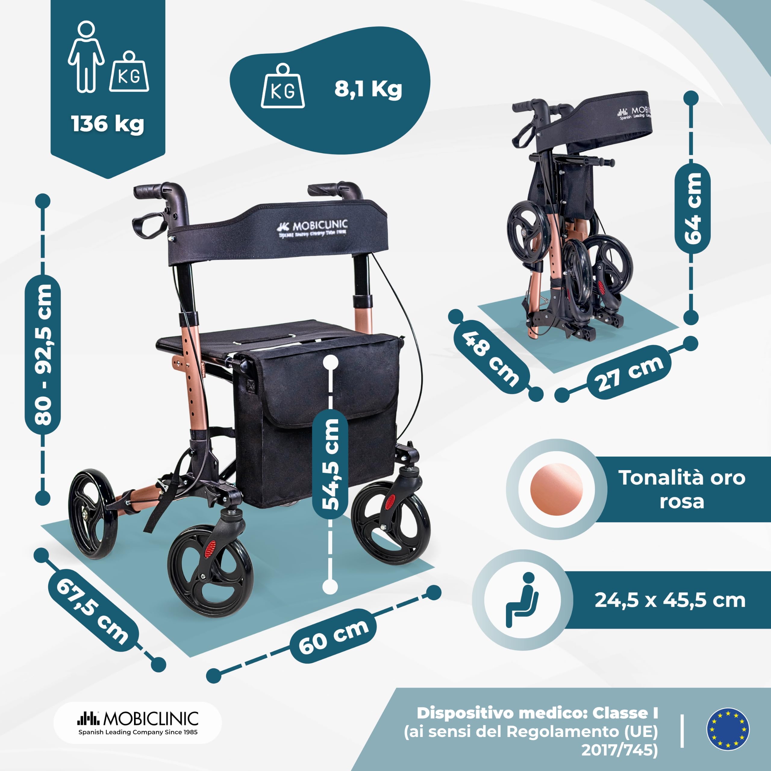 Mobiclinic®, Deambulatore Pieghevole, Seduta e Schienale, Fino a 136 kg, Oro Rosa, Altezza Regolabile, Cestino Portaoggetti, Porta Bastone, Freni e Blocco di Sicurezza, Alluminio, Trajano