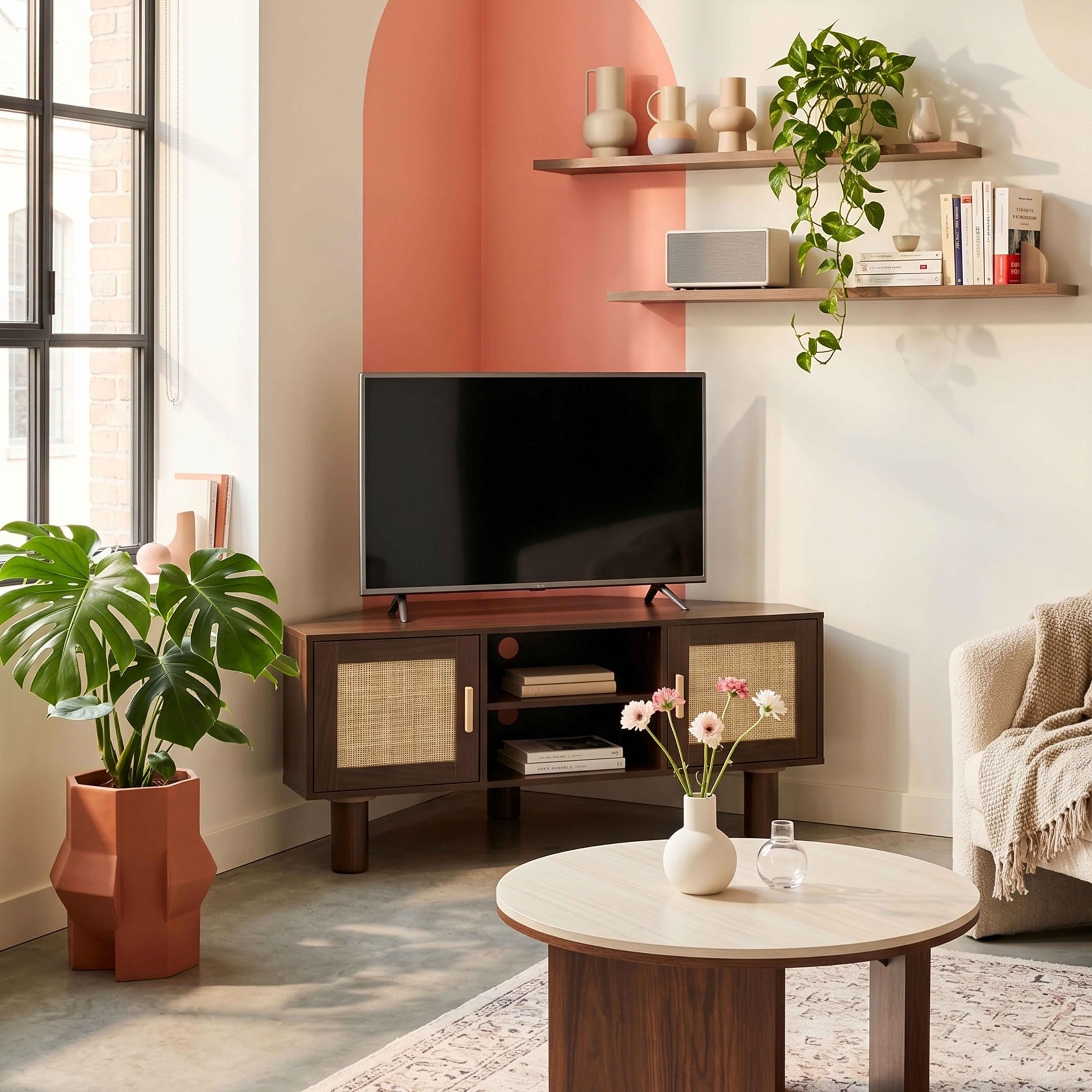 Oviala Meuble TV d'angle 120 cm en rotin synthétique scandinave Bois foncé