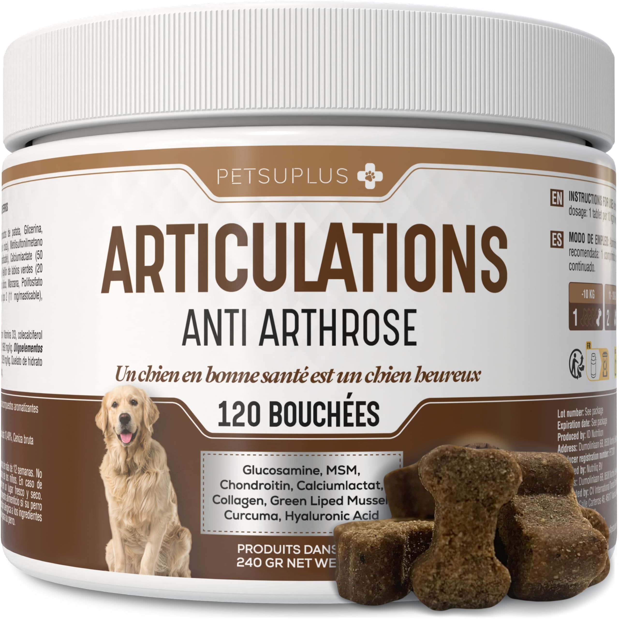 Complement Alimentaire Chien - Traitement Articulation Chiens - Moule Verte Chien, Chondroïtine, Glucosamine, MSM, Collagène, Acide Hyaluronique - Anti Arthrose - 120 Comprimés