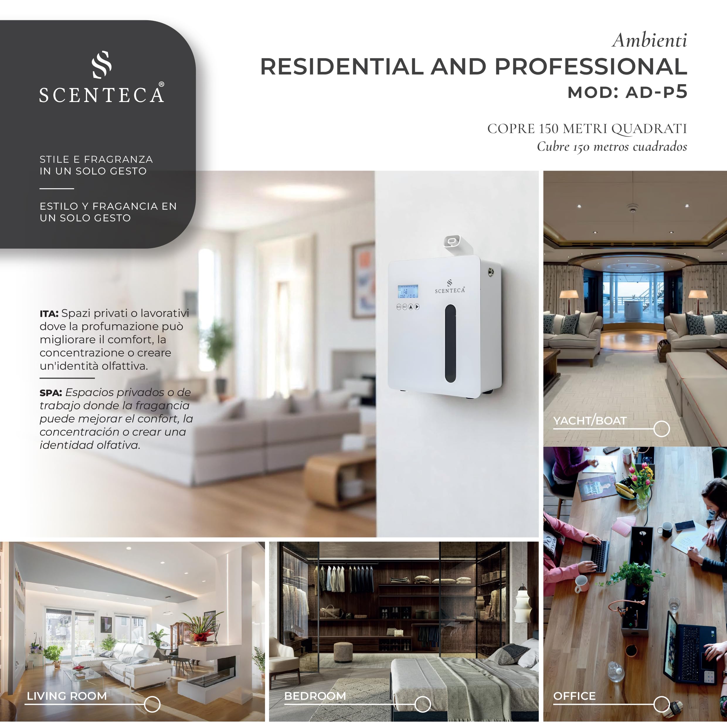 SCENTECA Difusor eléctrico de aceites Esenciales Mod. AD-P5, con Fragancia Té Blanco y Flores de Primavera incluida, nebulización sin Agua, Cobertura hasta 150 m², para casa y Oficina (100 ml)