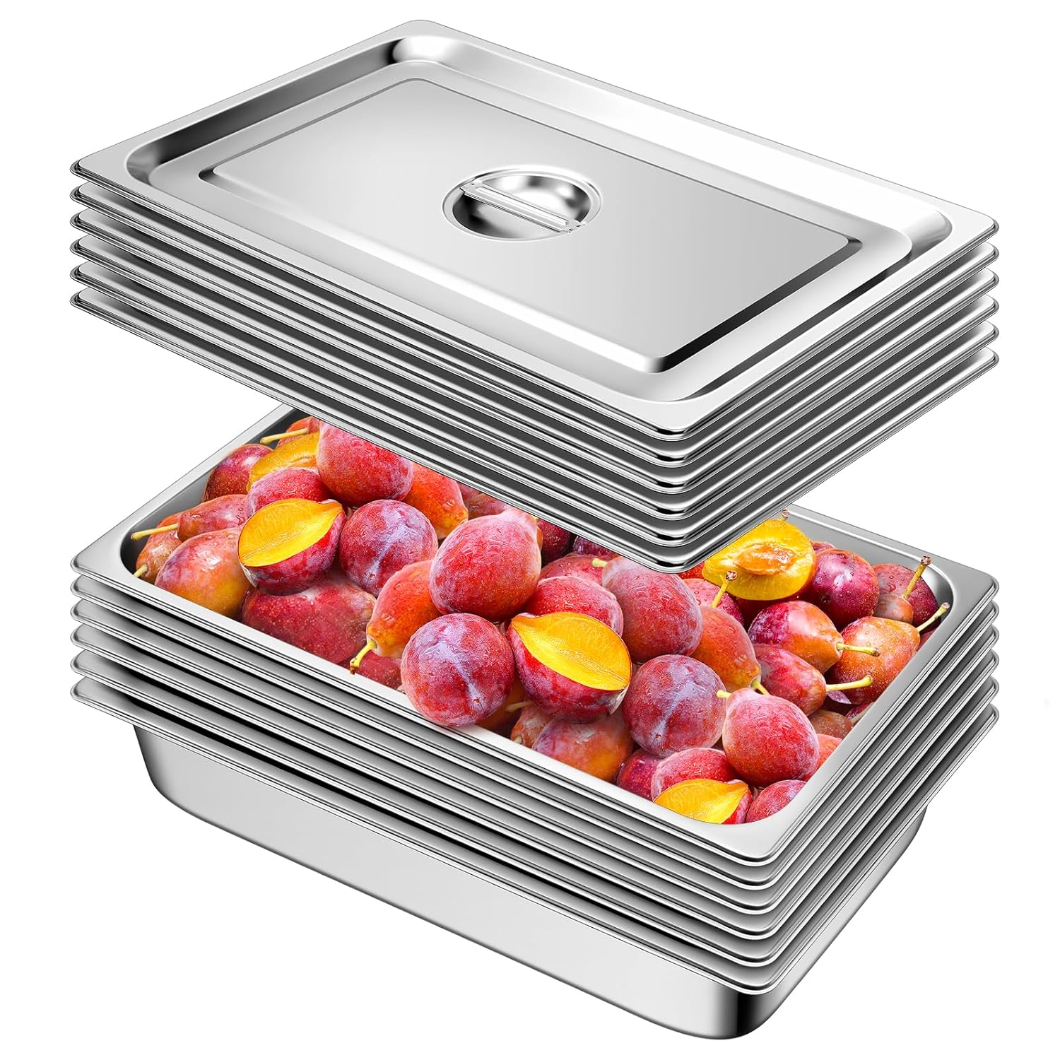 Hotel Pan with Lids 6 Pack Full Size 4" Deep Stainless Steel Steam Table Pan, Commercial Food Pans for Catering Buffet Chafing Dish Pans Metal Steam Tray (1/1 Full Size x 4 Inch Deep, 6 Pack)