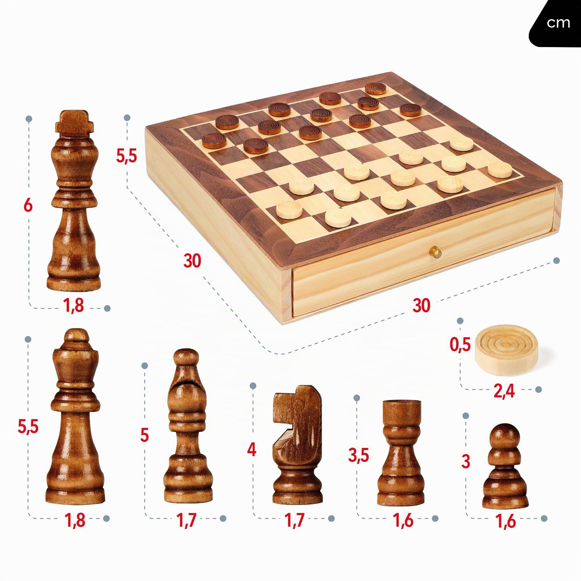 ColorBaby CB Games 45594 Jeu de société d'échecs et de Dames 2 en 1 en Bois avec tiroir 30 x 30 cm
