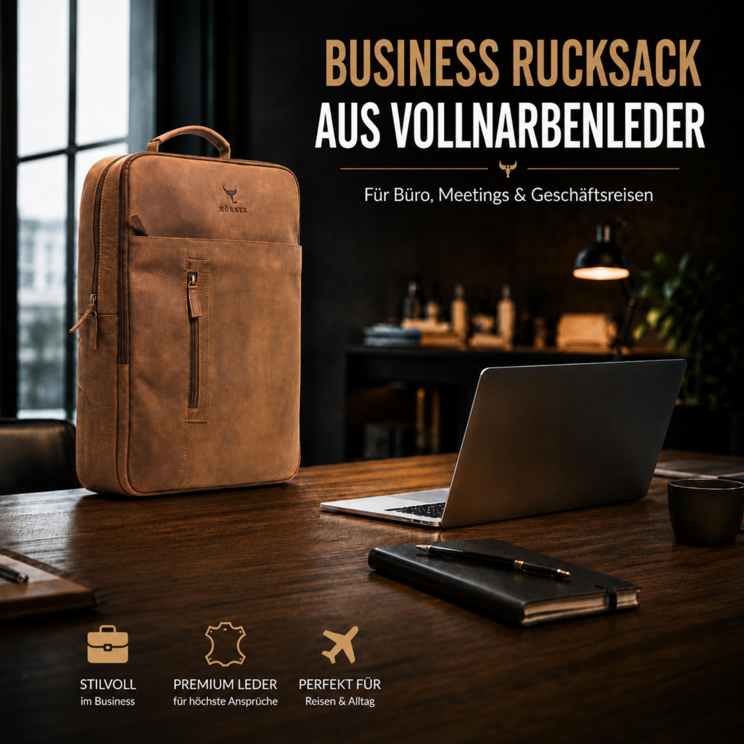 SAXUM Leder Rucksack Herren – Business Laptop Rucksack bis 16 Zoll – Echtleder Lederrucksack mit Laptopfach für Arbeit, Büro, Uni & Reise – geeignet Ryanair Handgepäck 40x30x20 - Braun