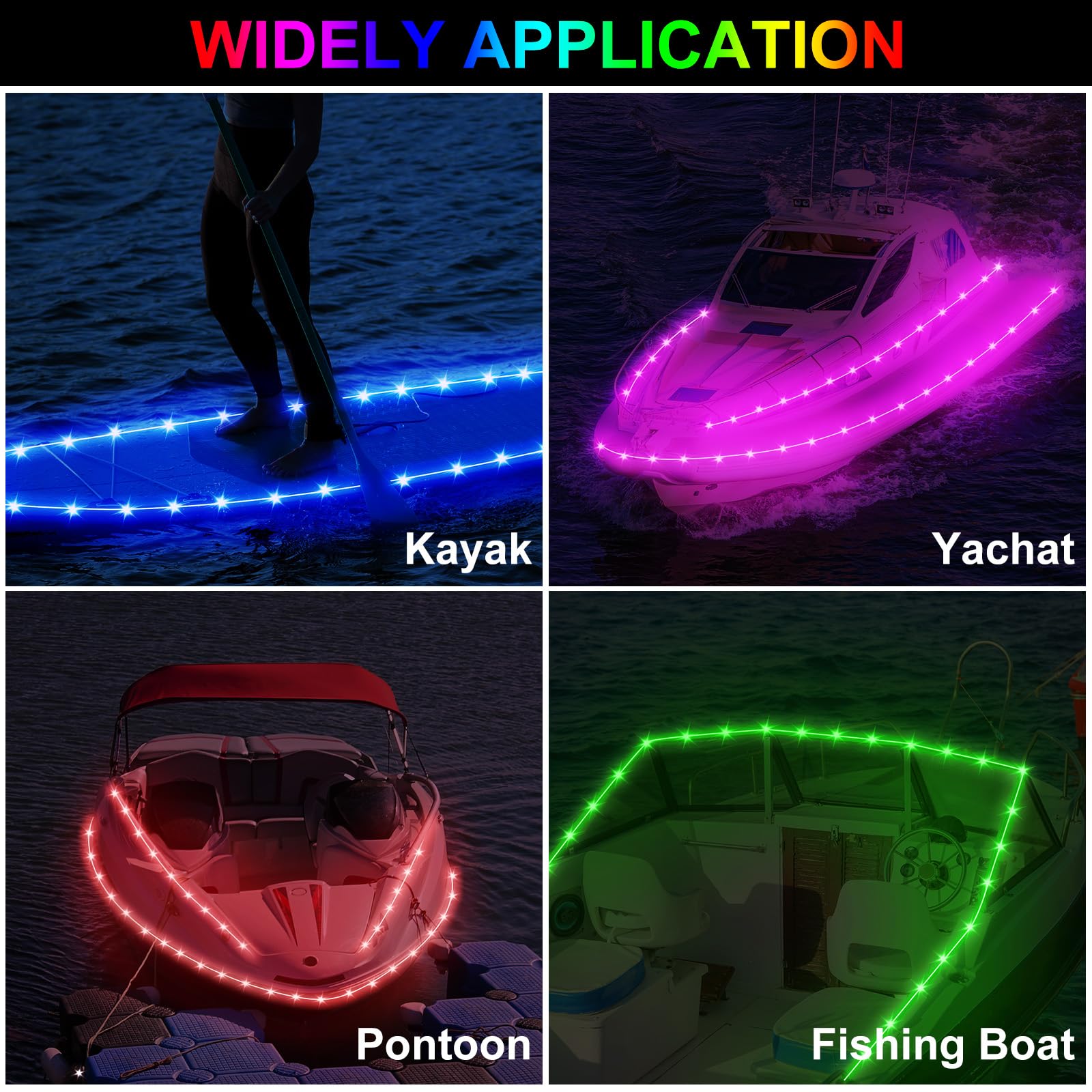 Glooglitter Kit de luces para tabla de remo de kayak de 22 pies, IP68, impermeables, luces brillantes de color SUP con control remoto, luces de kayak alimentadas por batería para kayak nocturno,