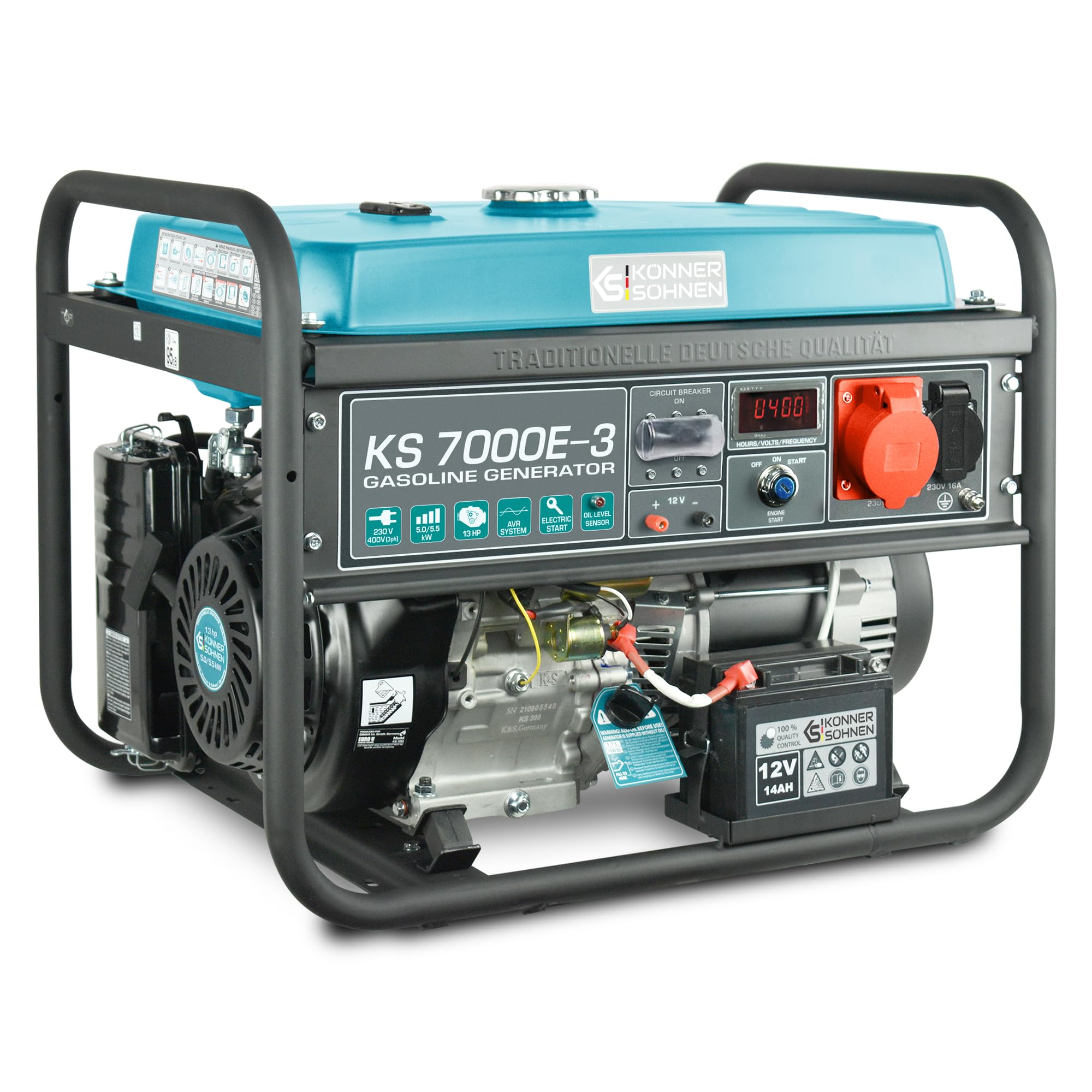 Agregat prądotwórczy KS 7000E-3 Generator benzynowy K&S Könner&Söhnen dla odbiorników trójfazowych (400V) o maksymalnej mocy 5500W z rozruchem ręcznym / elektrycznym, 1x16A (400V), 1x16A (230V), silnik autorski EURO-V, automatyczny regulator napięcia (AVR