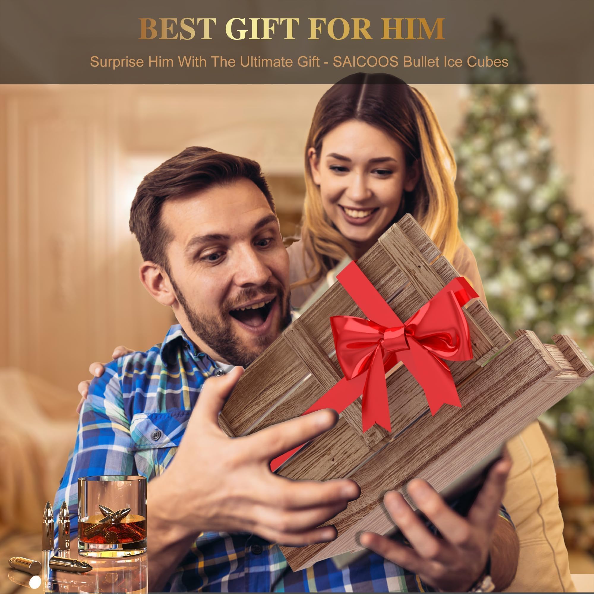 Regalos para el Día del Padre – 8 piedras de whisky de bala – para él o marido, elefante blanco para adultos – Juego de cubitos de hielo de acero de metal reutilizable para aniversario divertido