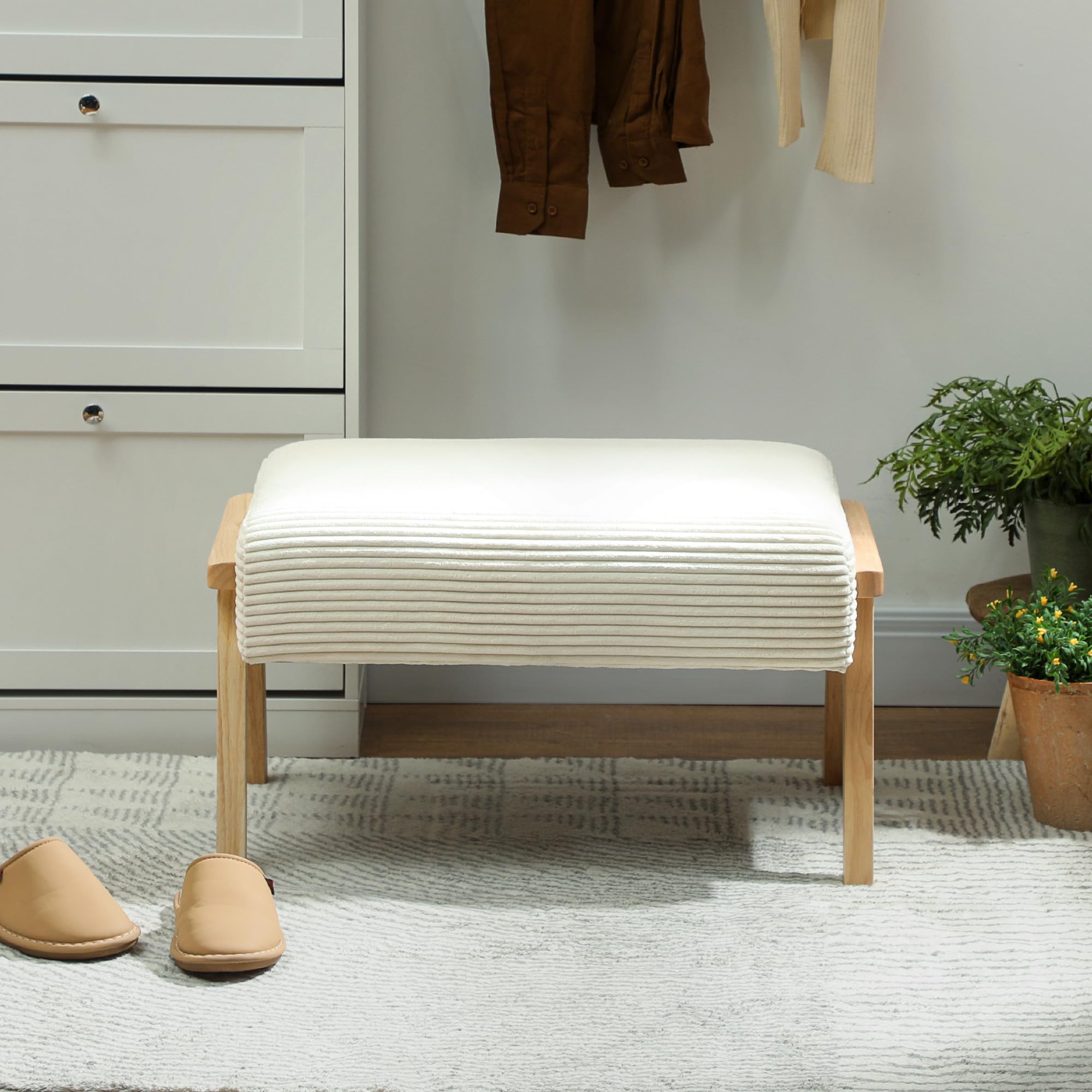 HOMCOM Sitzhocker mit Weichem Sitzkissen Holzbeinen Ottoman Cremeweiß