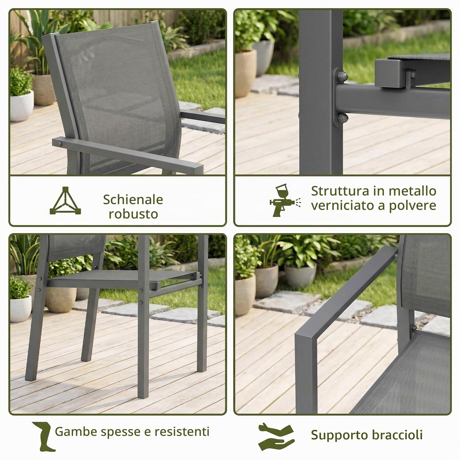 LIFERUN 4 sedie da giardino impilabili, sedie con braccioli da esterno, sedie da balcone, Teslin con struttura in metallo, per esterni, terrazza, giardino, piscina, fino a 120 kg, Grigio, 4pcs | fino a 120 kg, sedia da pranzo in metallo e Teslin, traspira