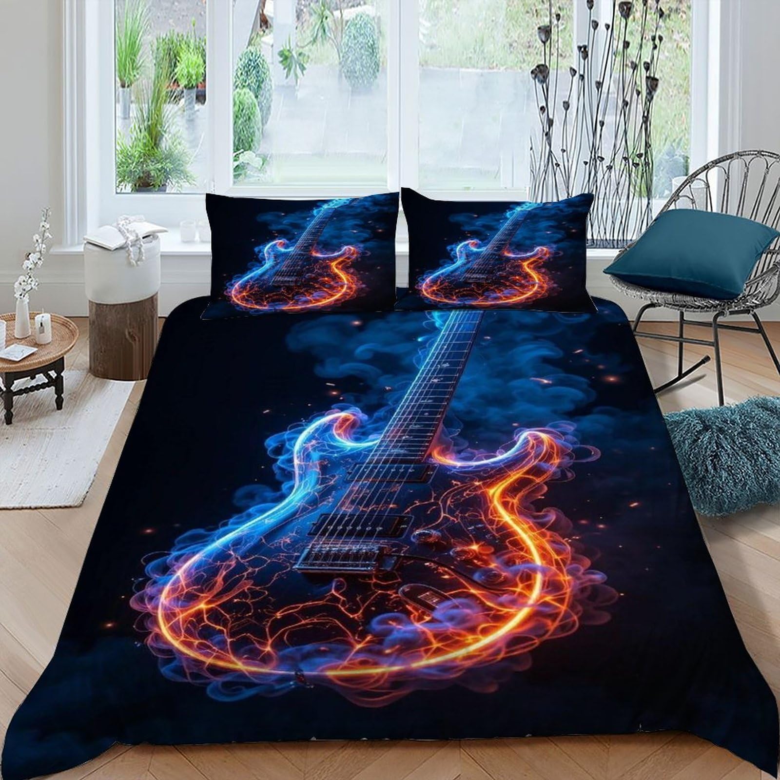 Guitar Flame Bedding Set 3 Pieces 3D Digital Printing Space Theme Theme Duvet Cover Set Chic Breathable Quilt Cover Girl Woman with Pillowcase King（220x240cm）