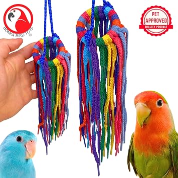 Bonka Bird Toys 51214 Small Aglet Heaven Cotton Shoelace Toy with Plastic Aglets and 2 Ring for Parakeets Cockatiels Quakers Pionus Small Bird Enrichment