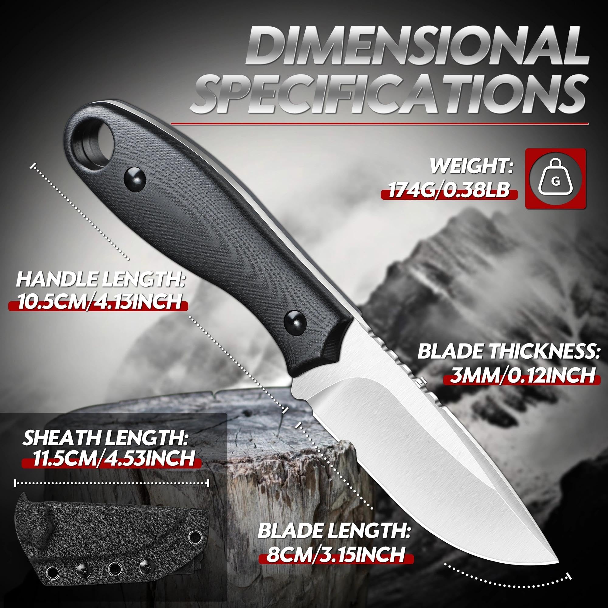 Dragon Creek Kompaktes Outdoor Messer feststehend D2 Stahl, Drop Point Jagdmesser mit G10 Griff, Full Tang EDC Messer mit Kydex Scheide, kleines Camping Bushcraft Messer(Schwarz) - 2