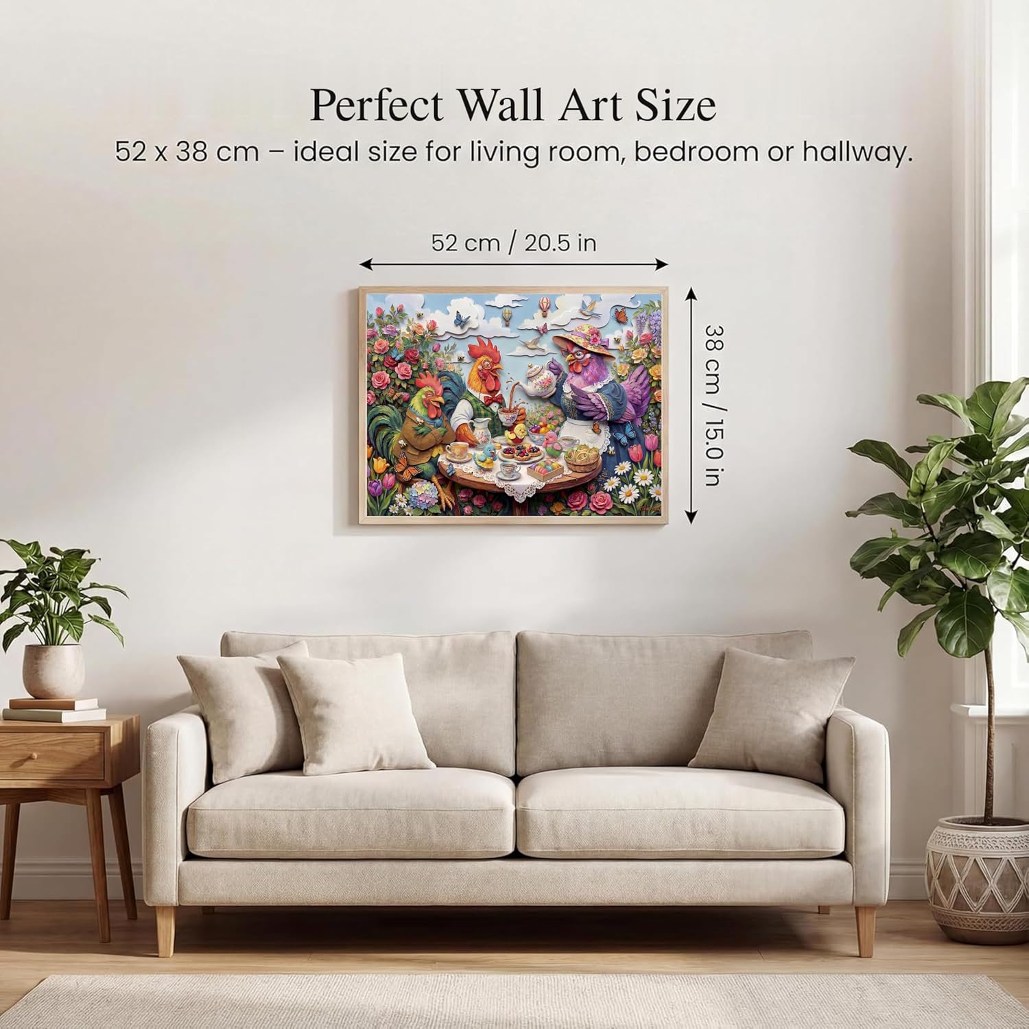 Chicken Tea Party Garden Jigsaw Puzzle for Adults 500 Pieces - Whimsical Paper Art Style Rooster Family Scene - Premium Thick Cardboard 20.5x15 in with Poster for Puzzle Lovers
