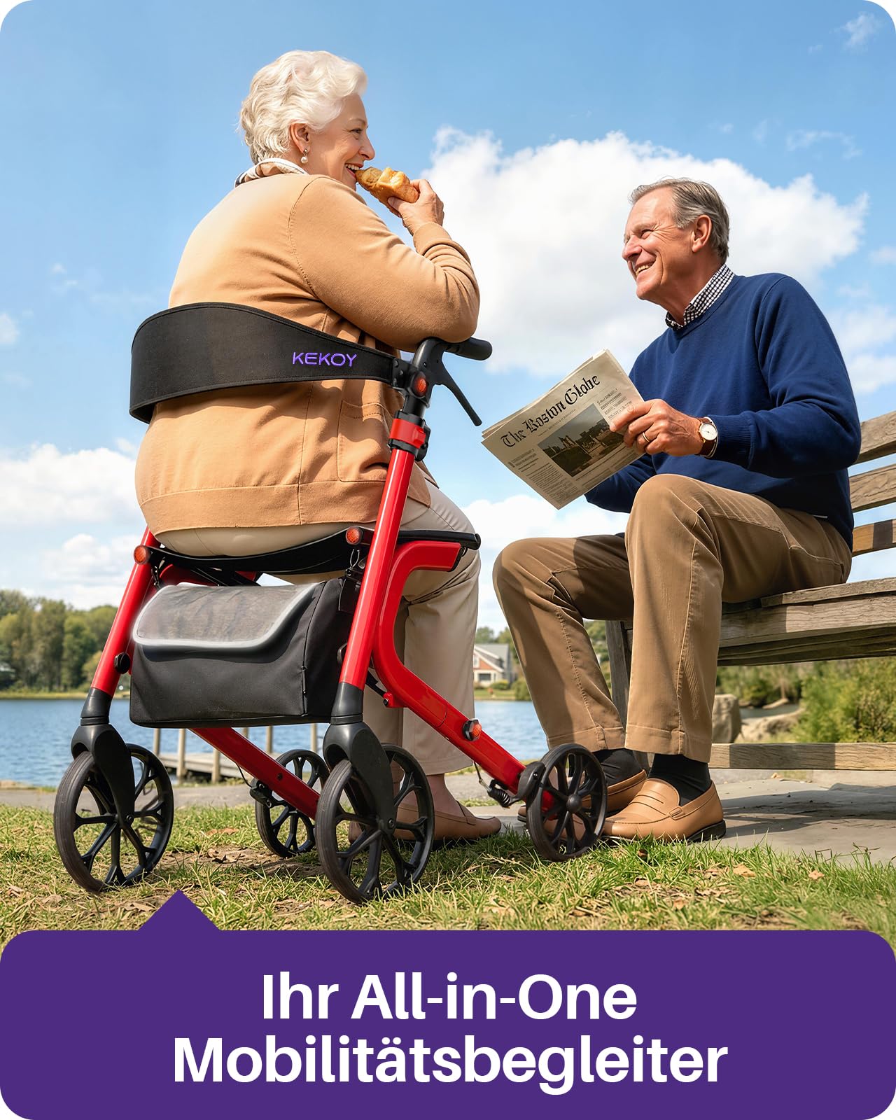 Kekoy Bariatrischer Rollator faltbar mit Sitz für Senioren, 226 kg Traglast | Auf allen Geländen. Aluminium höhenverstellbarer Outdoor Rollator mit 50 cm Sitzkissen, Lehne, Stauraum & Becherhalter, Rot