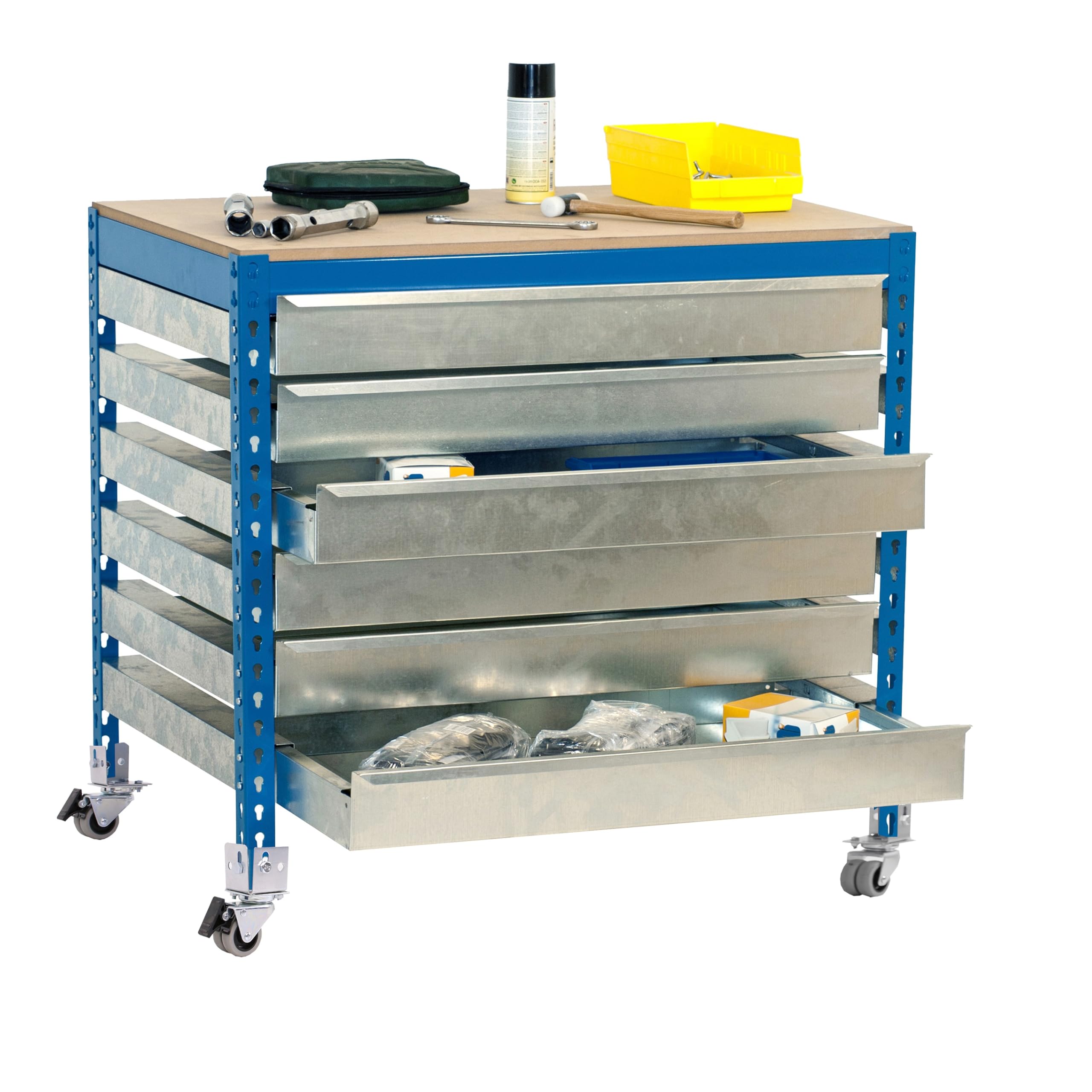 Simon Rack Banco de Trabajo Taller con Ruedas 1210x760 mm - BT5 | 6 Cajones, Tablero madera 16 mm, Capacidad Carga 120 kg, Azul , Pintura anticorrosión, Montaje sistema clic