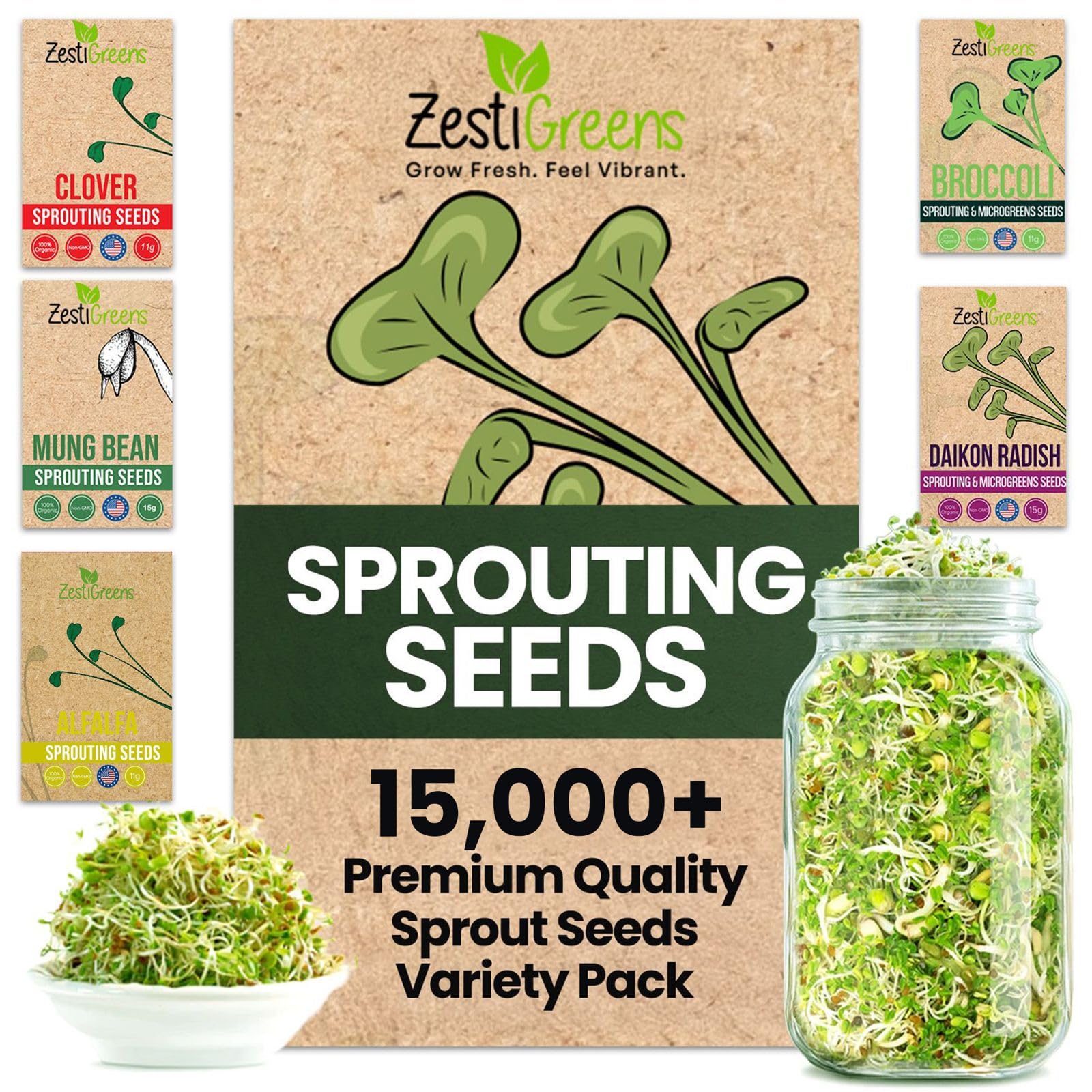 ZestiGreens Sprouting Seed Sampler – 5 Top Varieties (1 Pack Each, 11 g) | Broccoli, Alfalfa, Mung Bean, Clover & Daikon Radish | High-Germination, Perfect for Jars & Trays