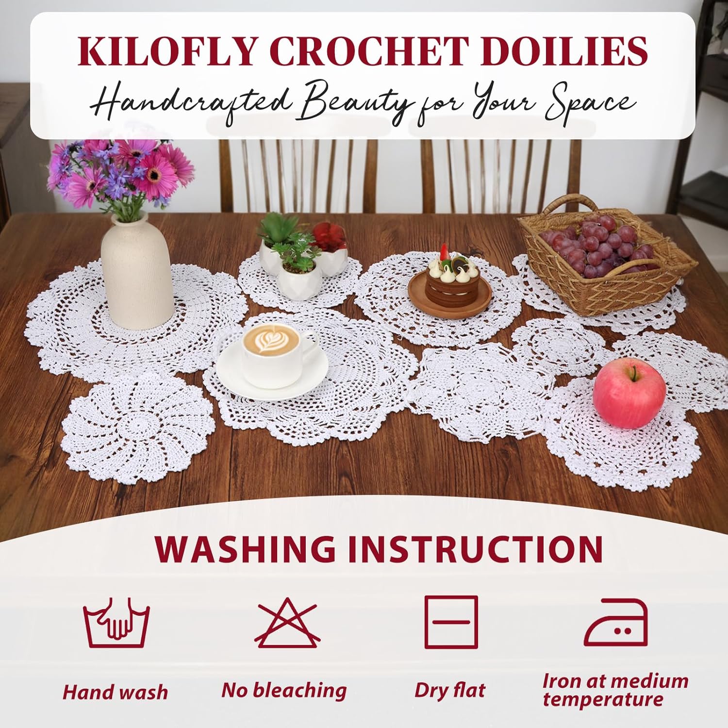 kilofly 14 pcs Cotton Crochet Coasters Doilies 4"-11.8" Handmade White Beige Placemats