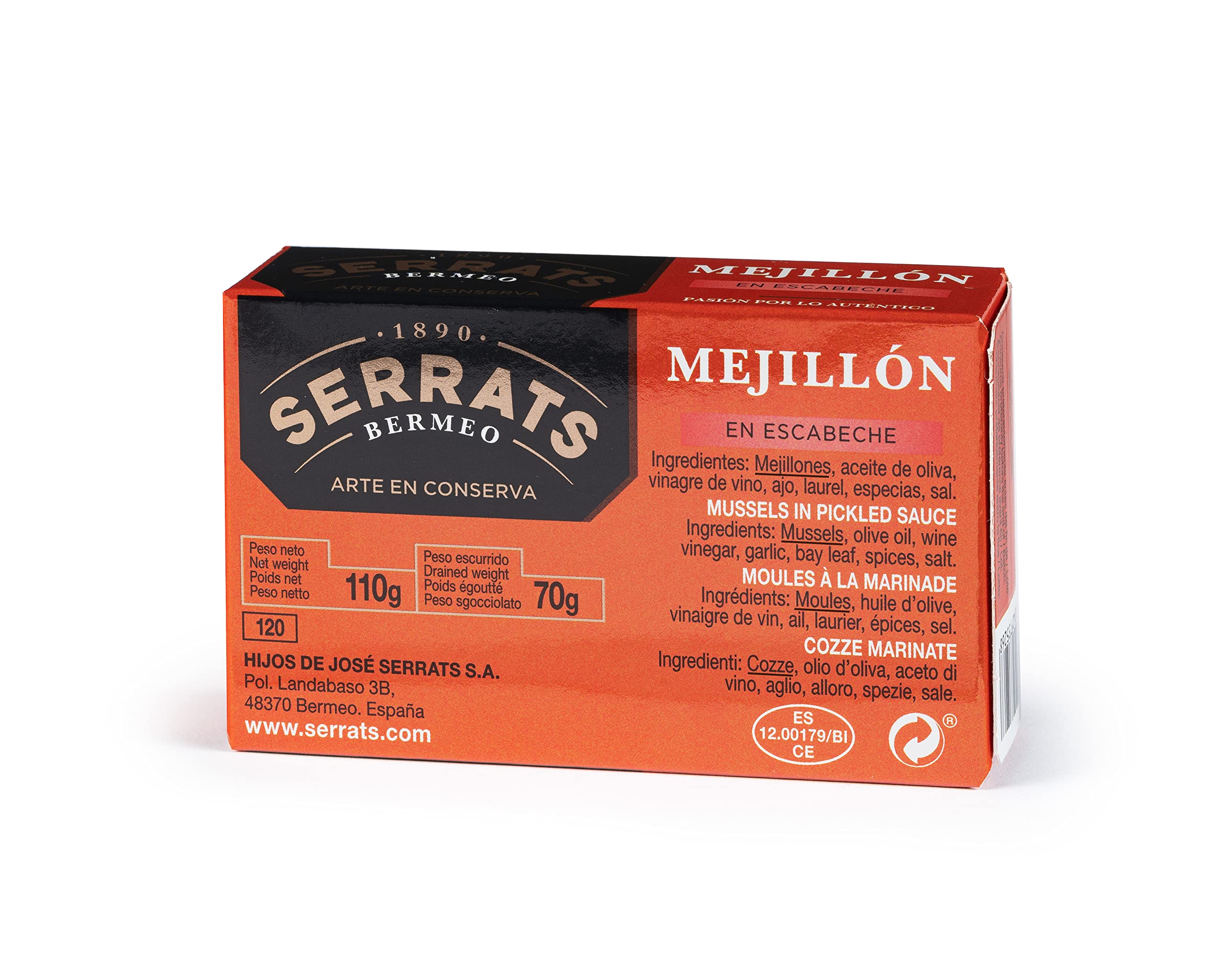 Conservas Serrats - Mejillones EXTRAGRANDES en Escabeche - 6/8 mejillones por lata (110g)