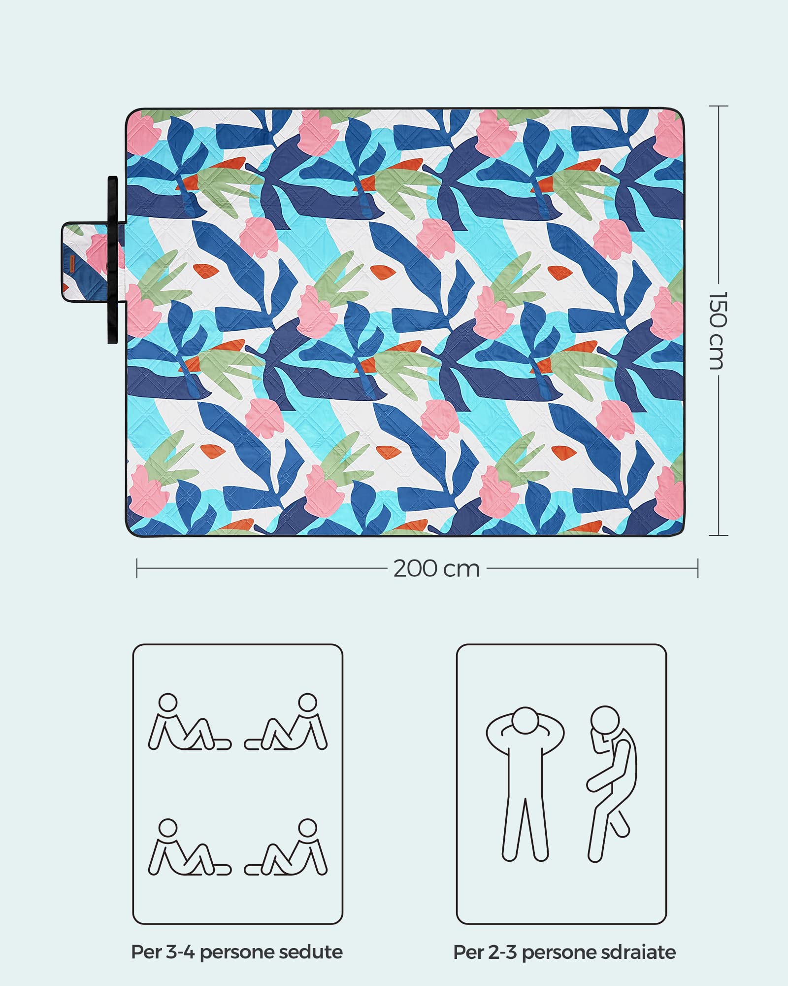 SONGMICS Coperta Picnic, 200 x 150 cm, Grande, Telo da Campeggio, Parco, Giardino, Spiaggia, Strato Impermeabile, Lavabile in Lavatrice, Pieghevole, Motivo Felci Multicolore GCM002Q01
