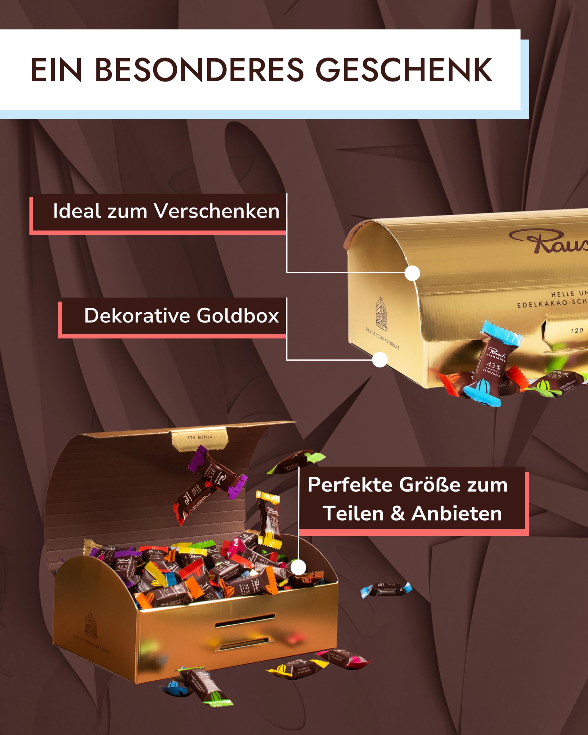 Rausch Plantagen Goldbox – Goldene Box gefüllt mit 120 Minis Schokolade aus purer Edelschokolade 39-84% – Schokolade aus aller Welt – Schokoladen Geschenkset