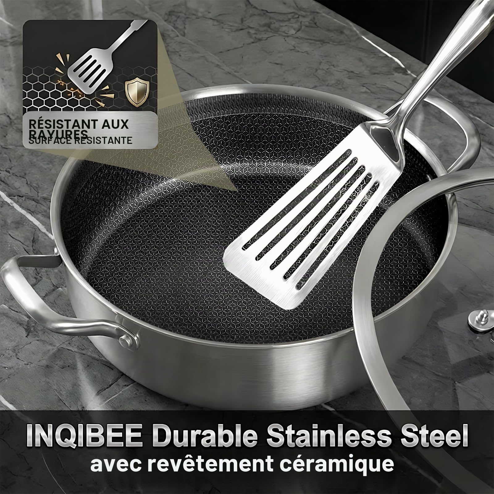 Inqibee Sauteuse 28cm Inox hybride 5L, triple épaisseur, Induction | Sauteuse acier inoxydable, sans revêtement antiadhésif, compatible induction et tous feux, passe au four et lave-vaisselle